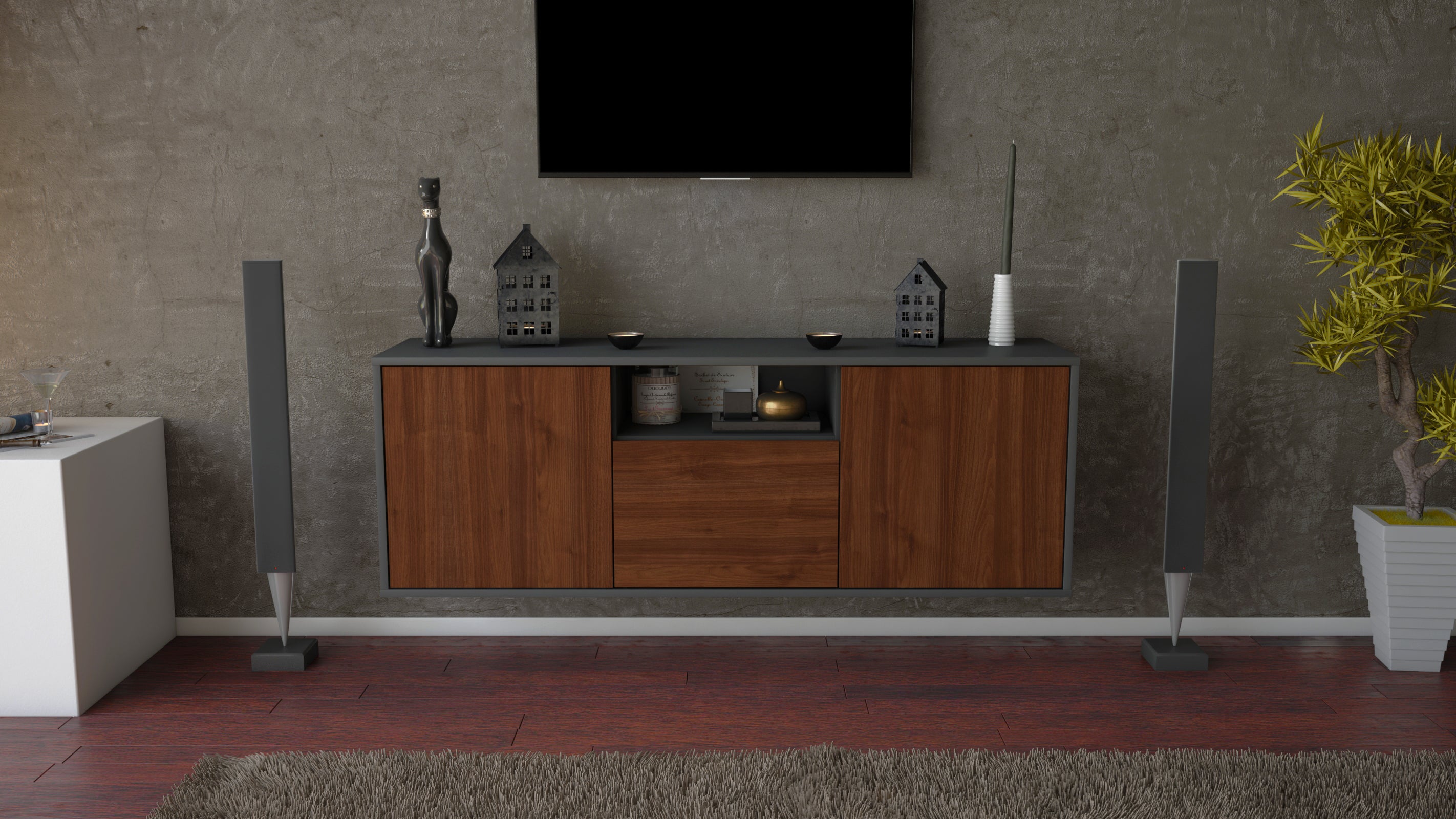 Lowboard - Andrina - Design Holzdekor - Wandmontage mit Push to Open 136 cm Anthrazit