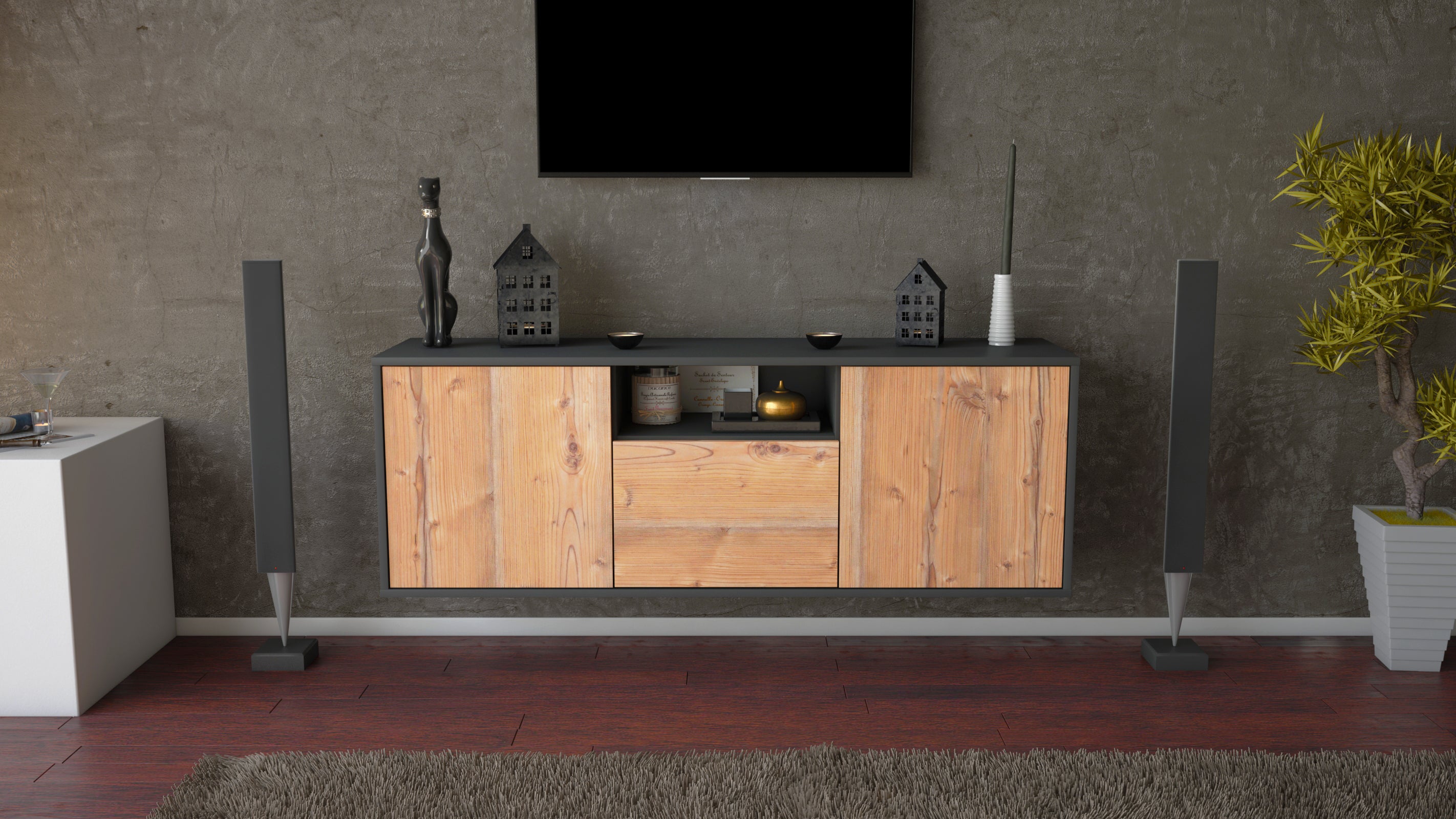 Lowboard - Andrina - Design Holzdekor - Wandmontage mit Push to Open 136 cm Anthrazit