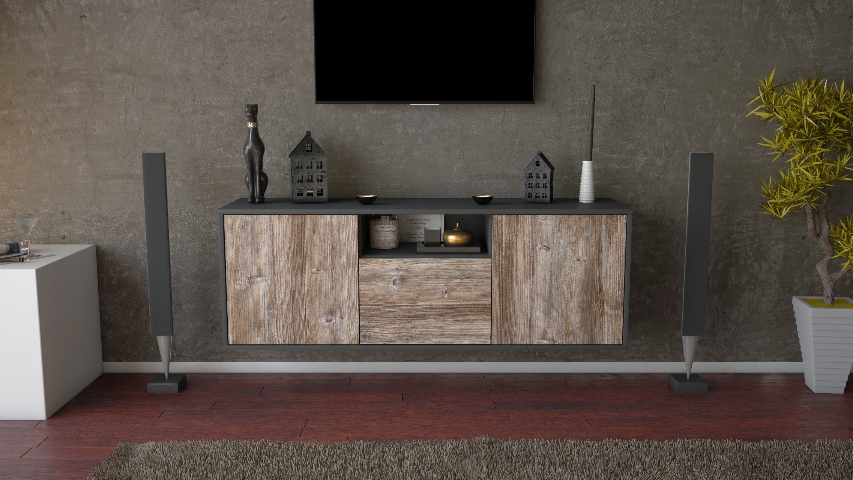 Lowboard - Andrina - Design Holzdekor - Wandmontage mit Push to Open 136 cm Anthrazit