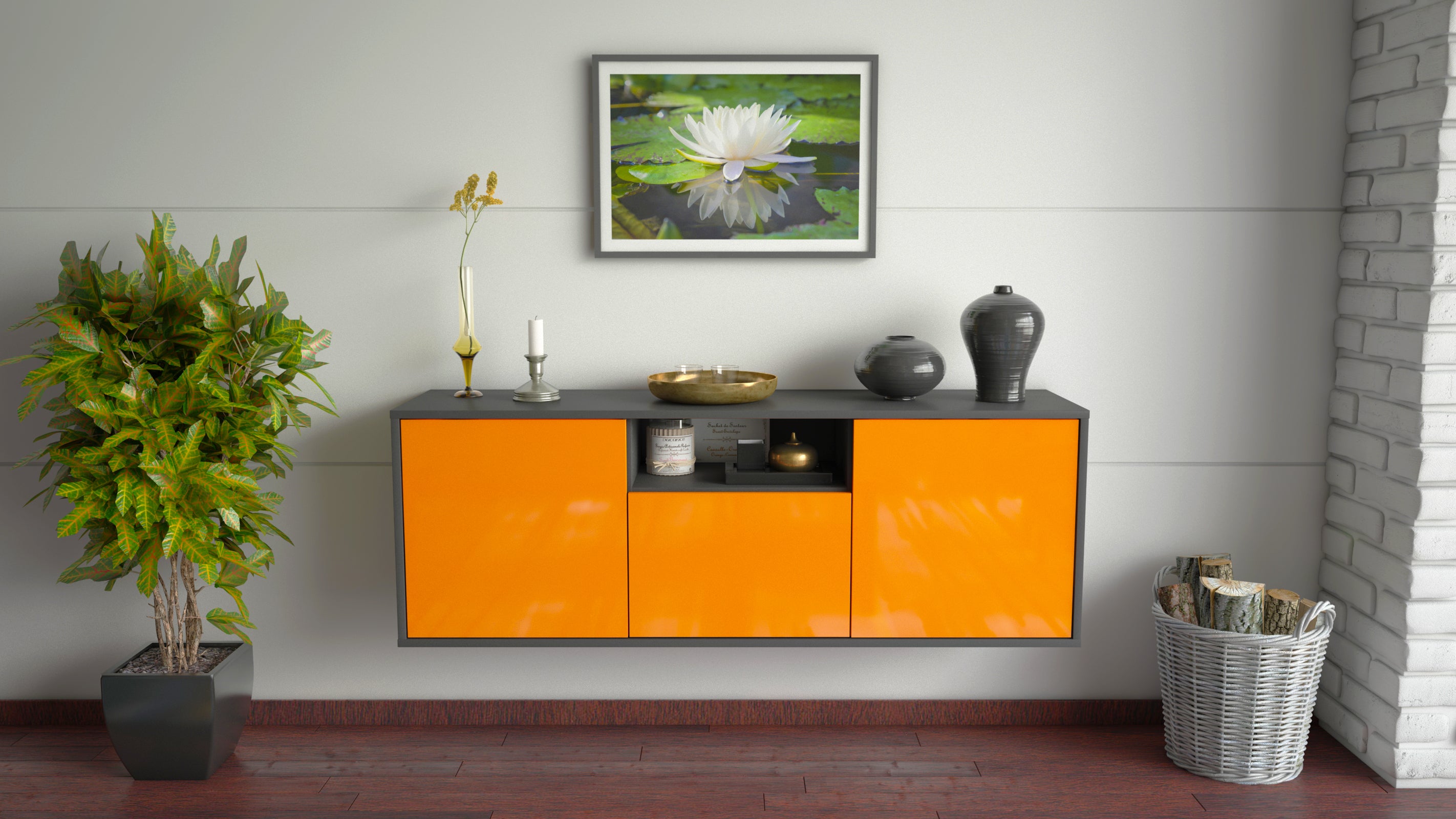 Lowboard - Andrina - Design Hochglanz - Wandmontage mit Push to Open 136 cm Anthrazit