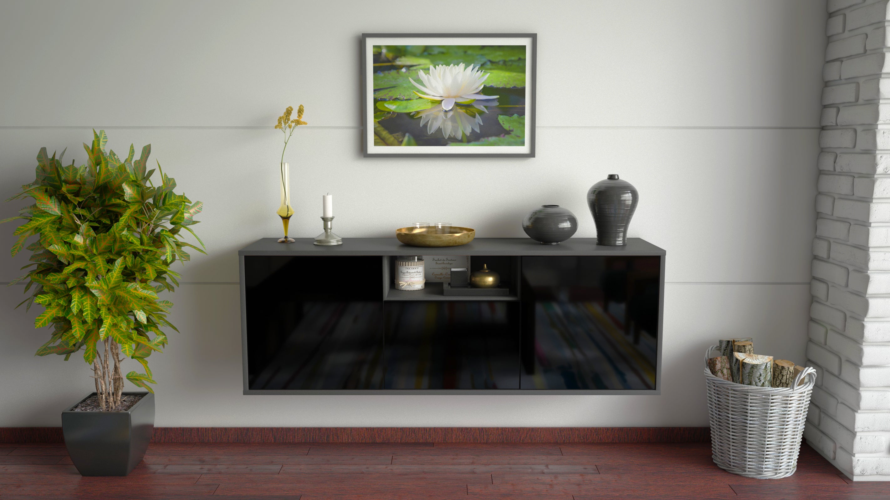 Lowboard - Andrina - Design Hochglanz - Wandmontage mit Push to Open 136 cm Anthrazit