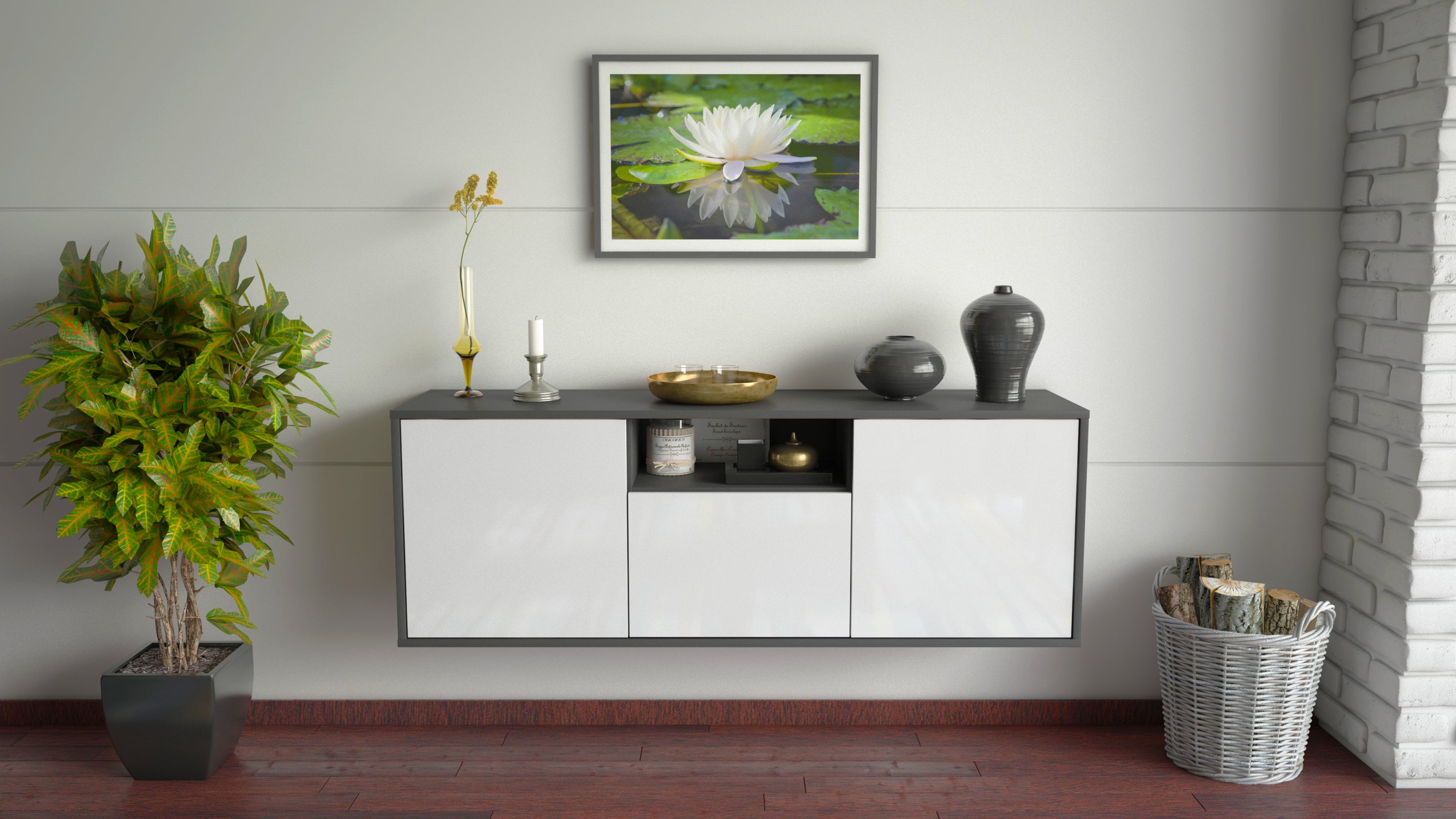 Lowboard - Andrina - Design Hochglanz - Wandmontage mit Push to Open 136 cm Anthrazit