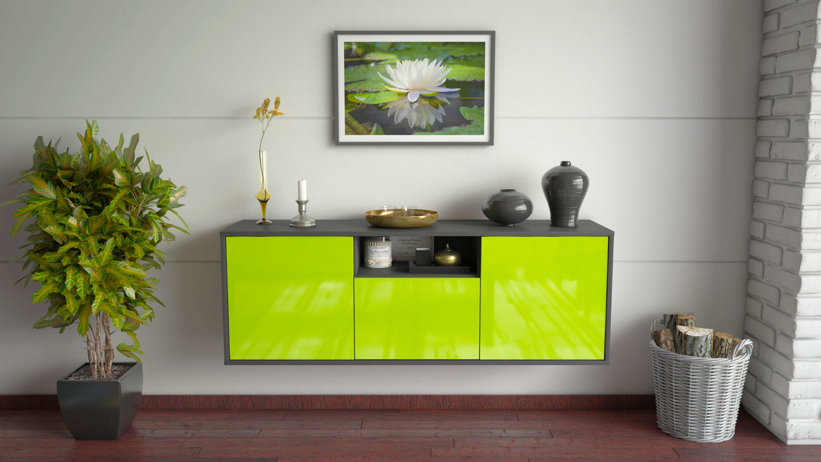 Lowboard - Andrina - Design Hochglanz - Wandmontage mit Push to Open 136 cm Anthrazit