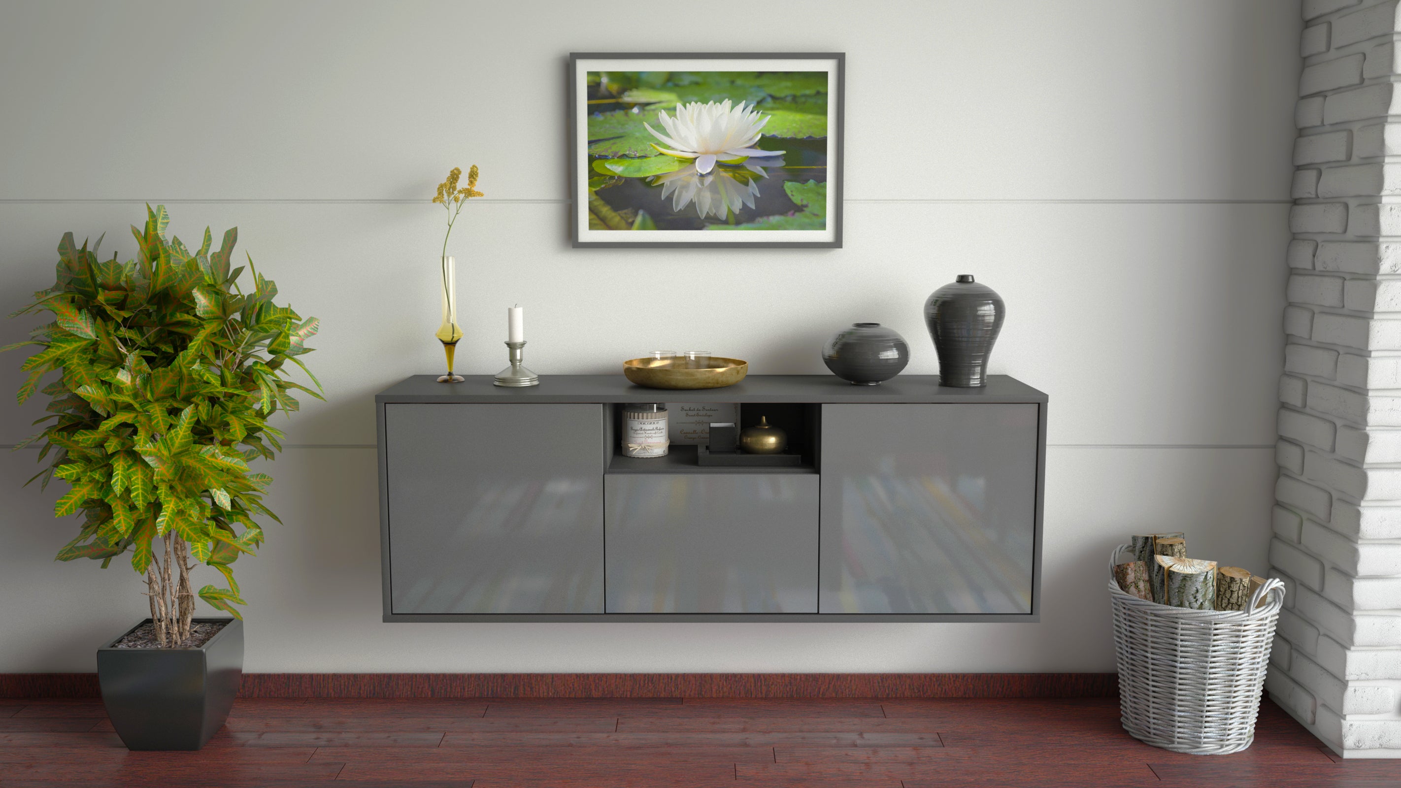 Lowboard - Andrina - Design Hochglanz - Wandmontage mit Push to Open 136 cm Anthrazit