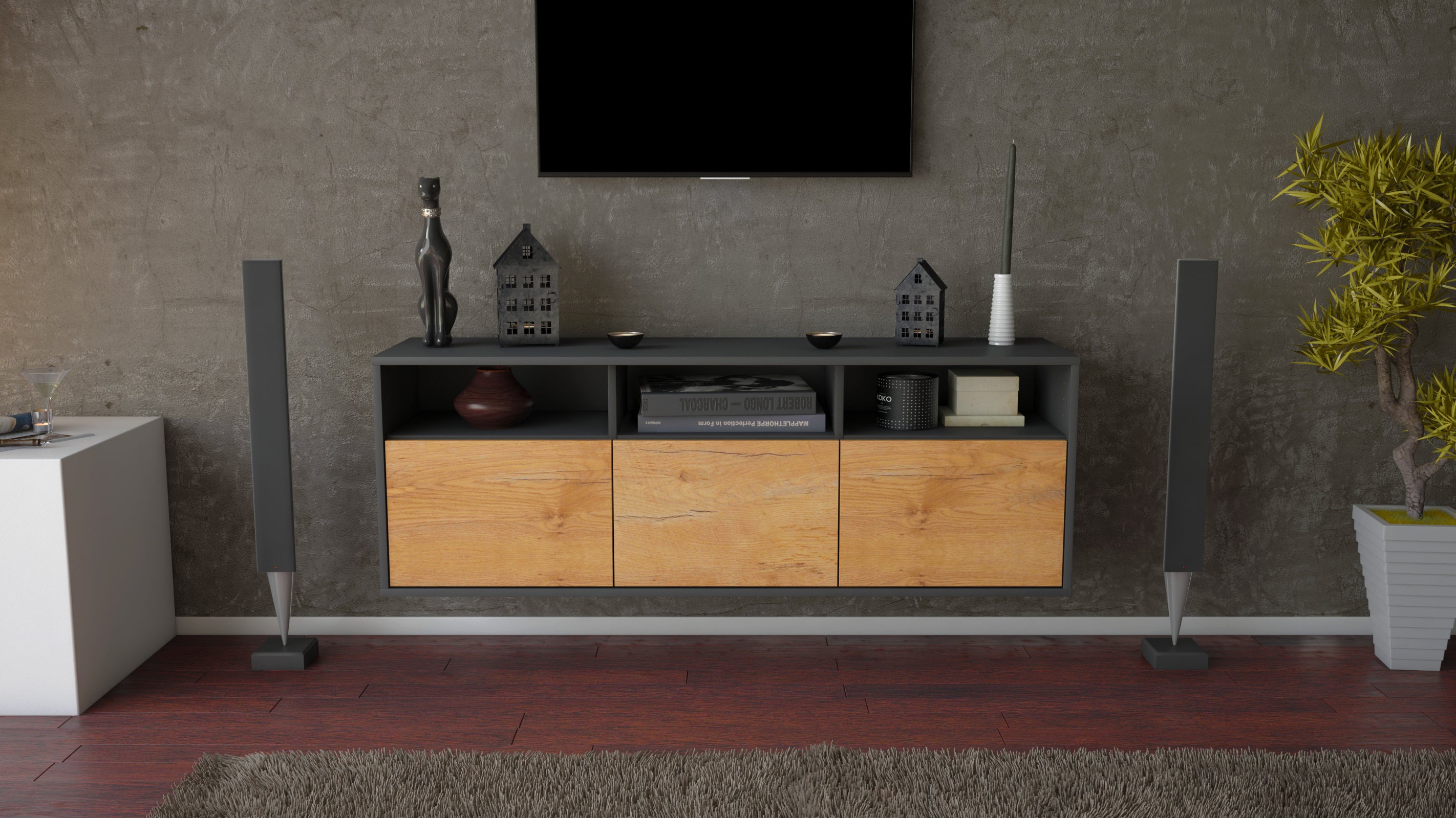 Lowboard - Anella - Design Holzdekor - Wandmontage mit Push to Open 136 cm Anthrazit