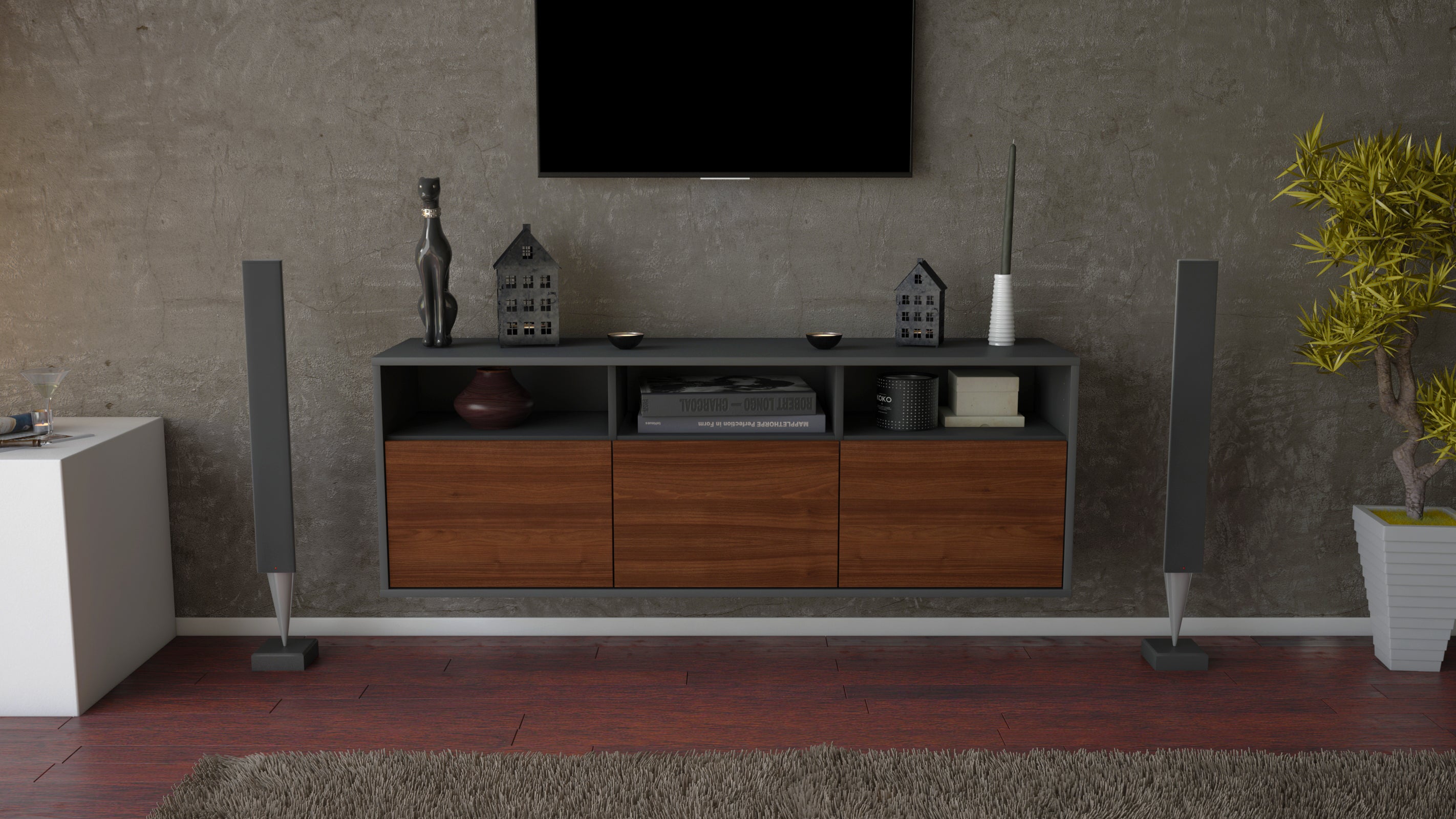Lowboard - Anella - Design Holzdekor - Wandmontage mit Push to Open 136 cm Anthrazit