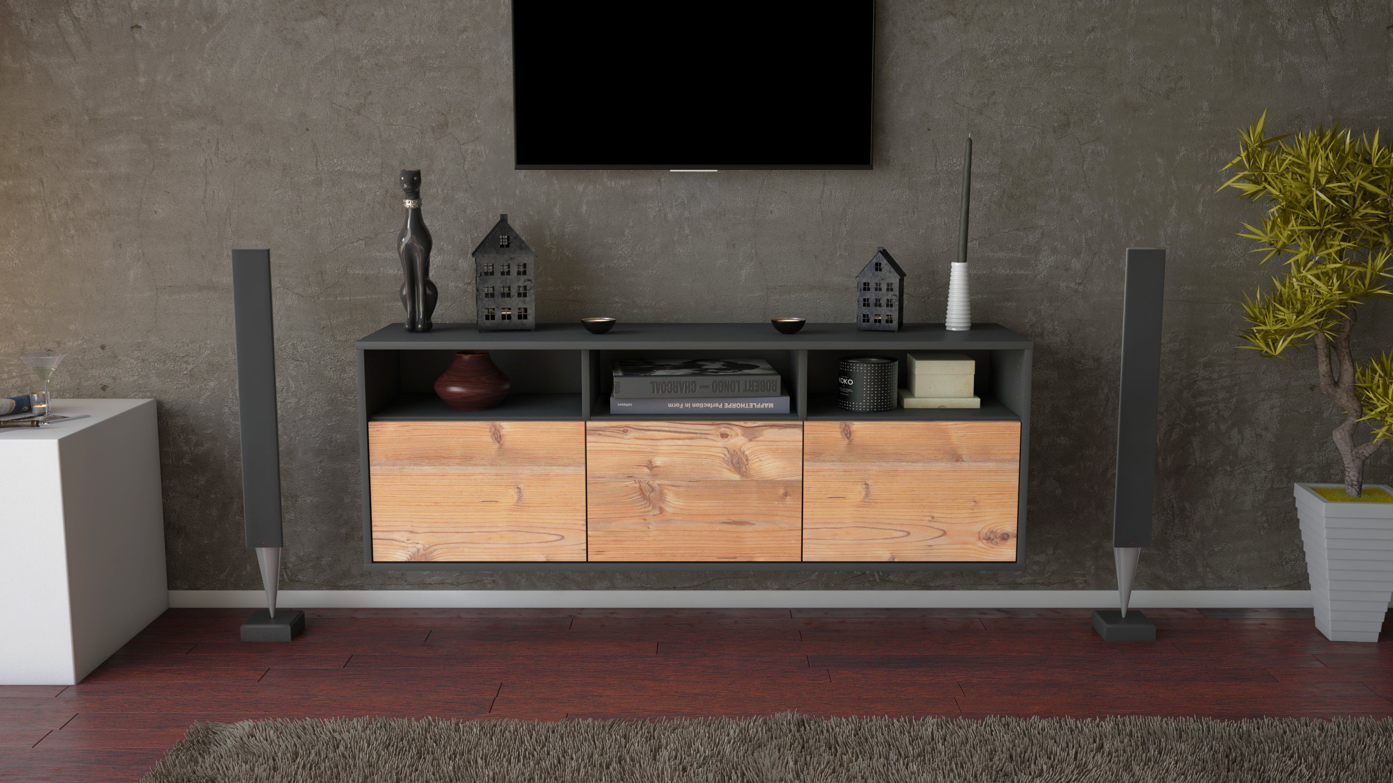 Lowboard - Anella - Design Holzdekor - Wandmontage mit Push to Open 136 cm Anthrazit