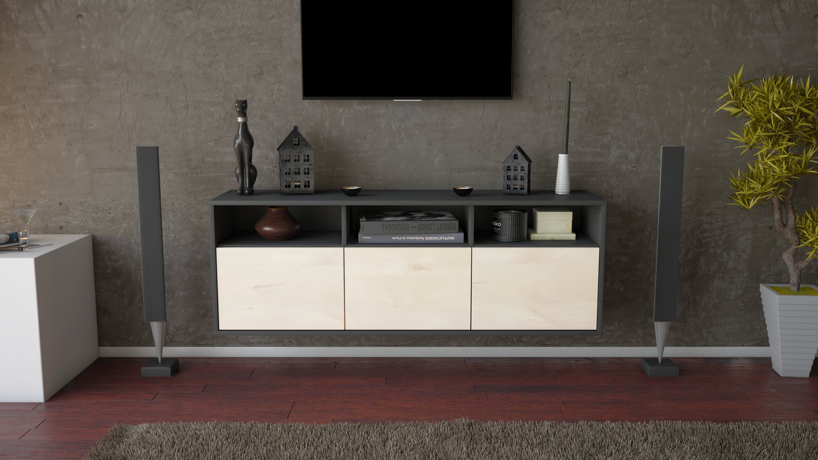 Lowboard - Anella - Design Holzdekor - Wandmontage mit Push to Open 136 cm Anthrazit