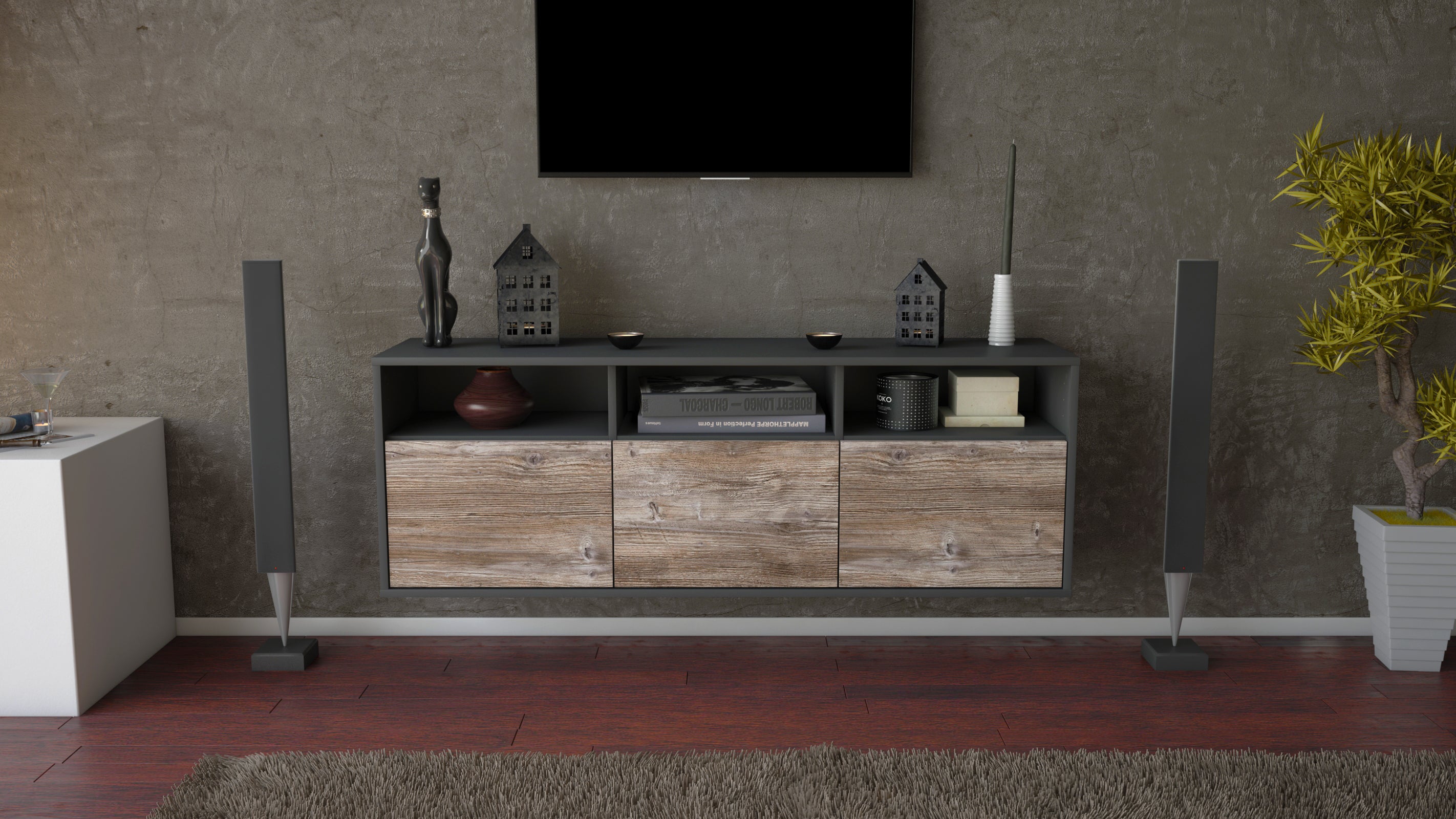 Lowboard - Anella - Design Holzdekor - Wandmontage mit Push to Open 136 cm Anthrazit