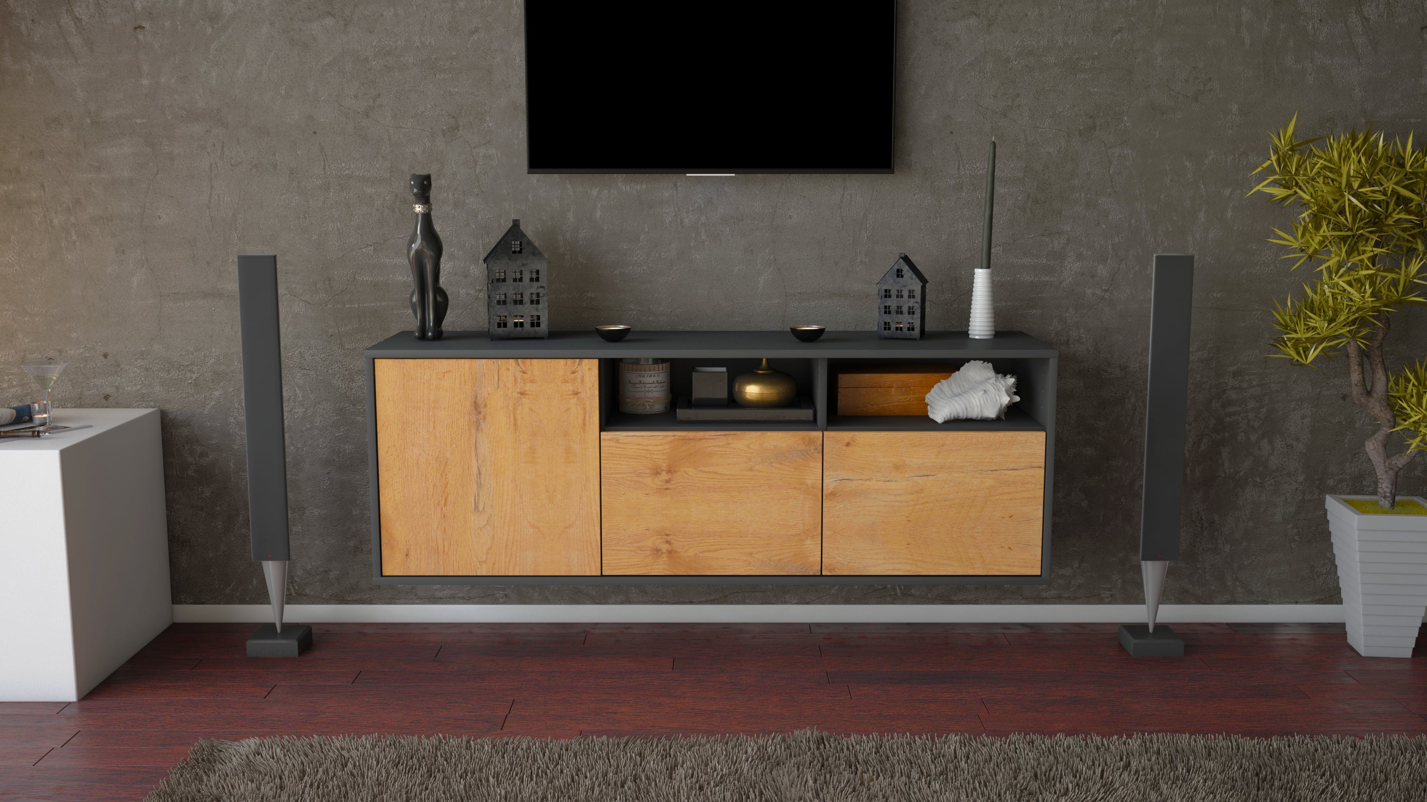 Lowboard - Anina - Design Holzdekor - Wandmontage mit Push to Open 136 cm Anthrazit