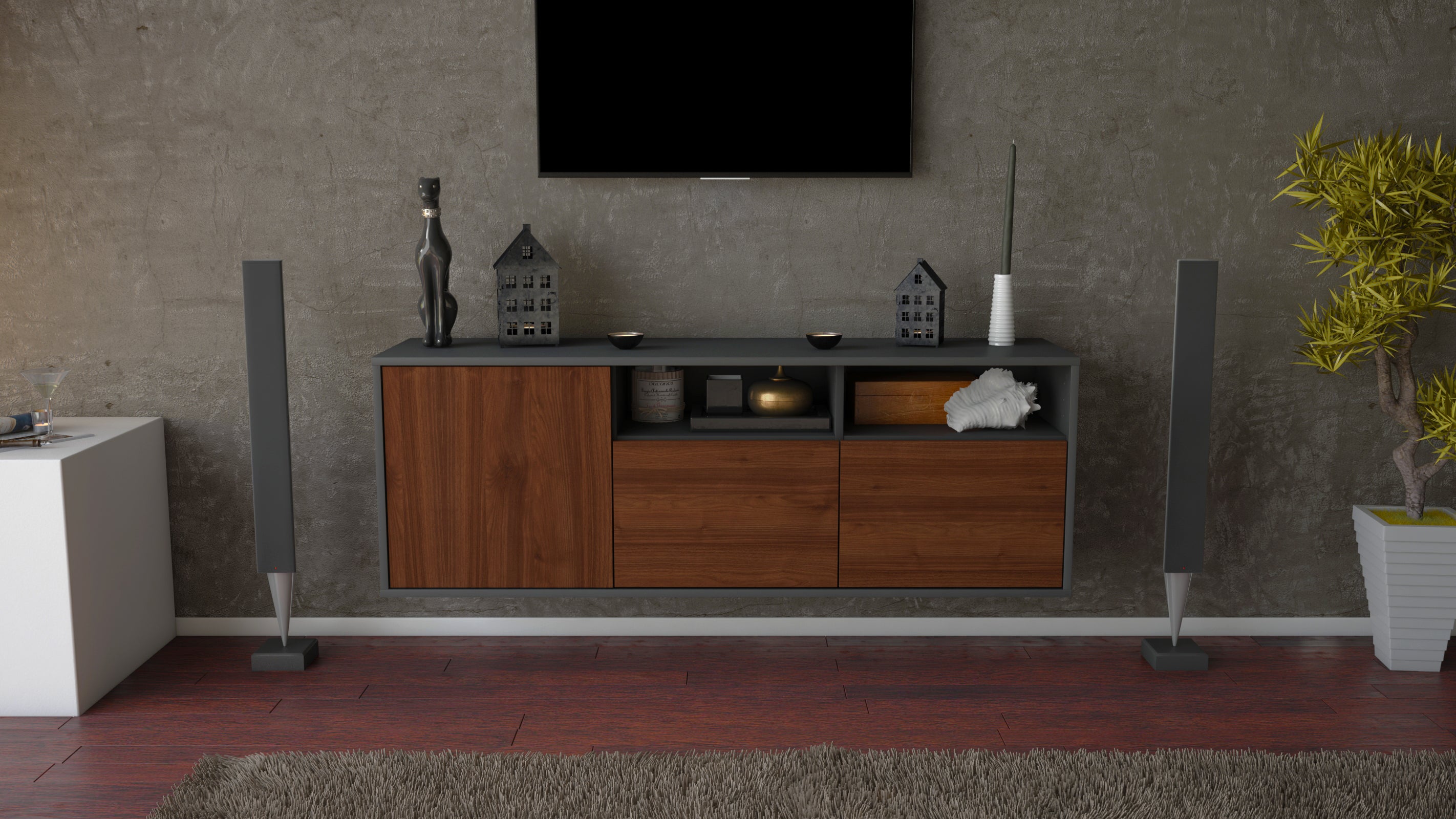 Lowboard - Anina - Design Holzdekor - Wandmontage mit Push to Open 136 cm Anthrazit