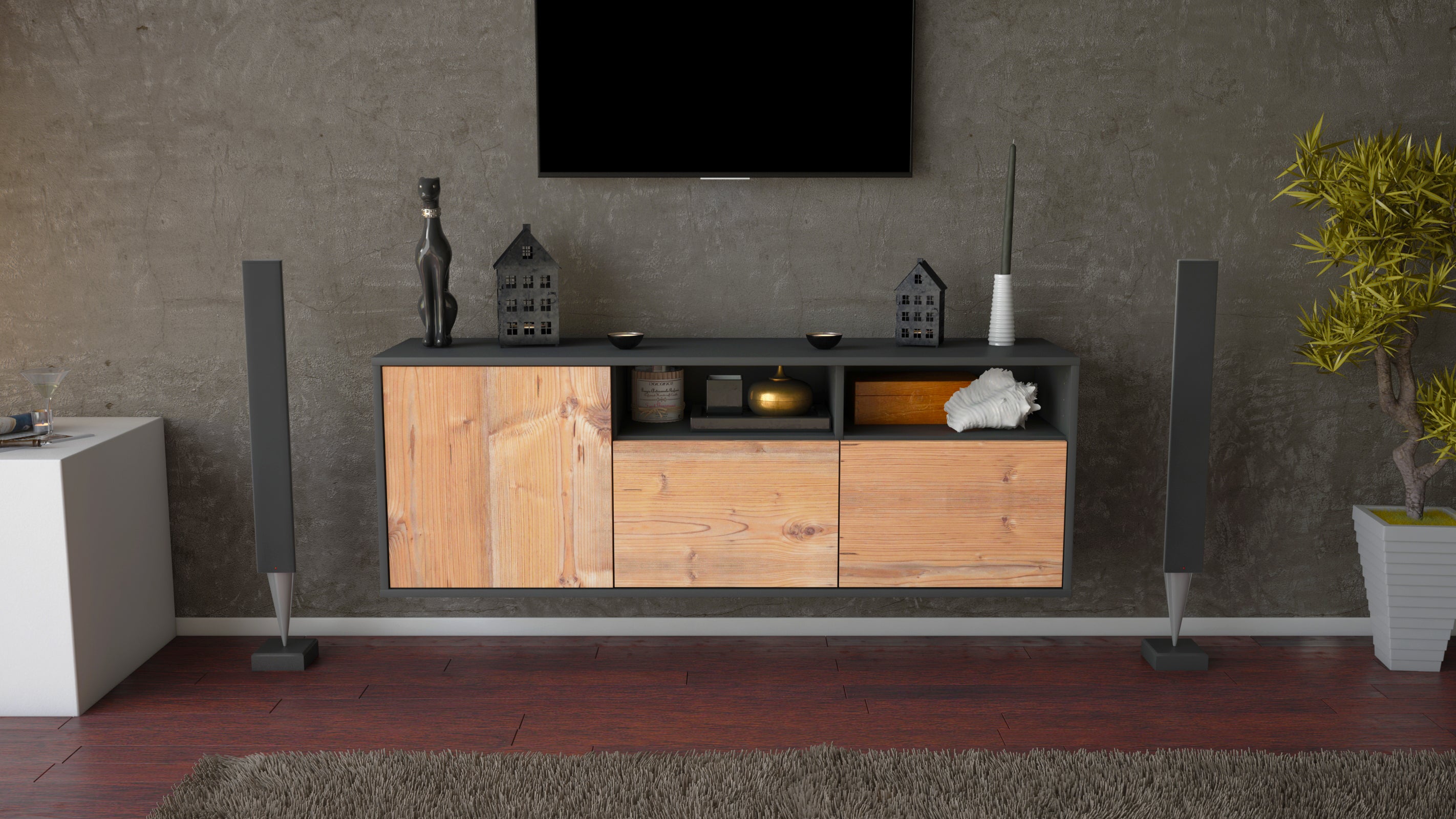 Lowboard - Anina - Design Holzdekor - Wandmontage mit Push to Open 136 cm Anthrazit