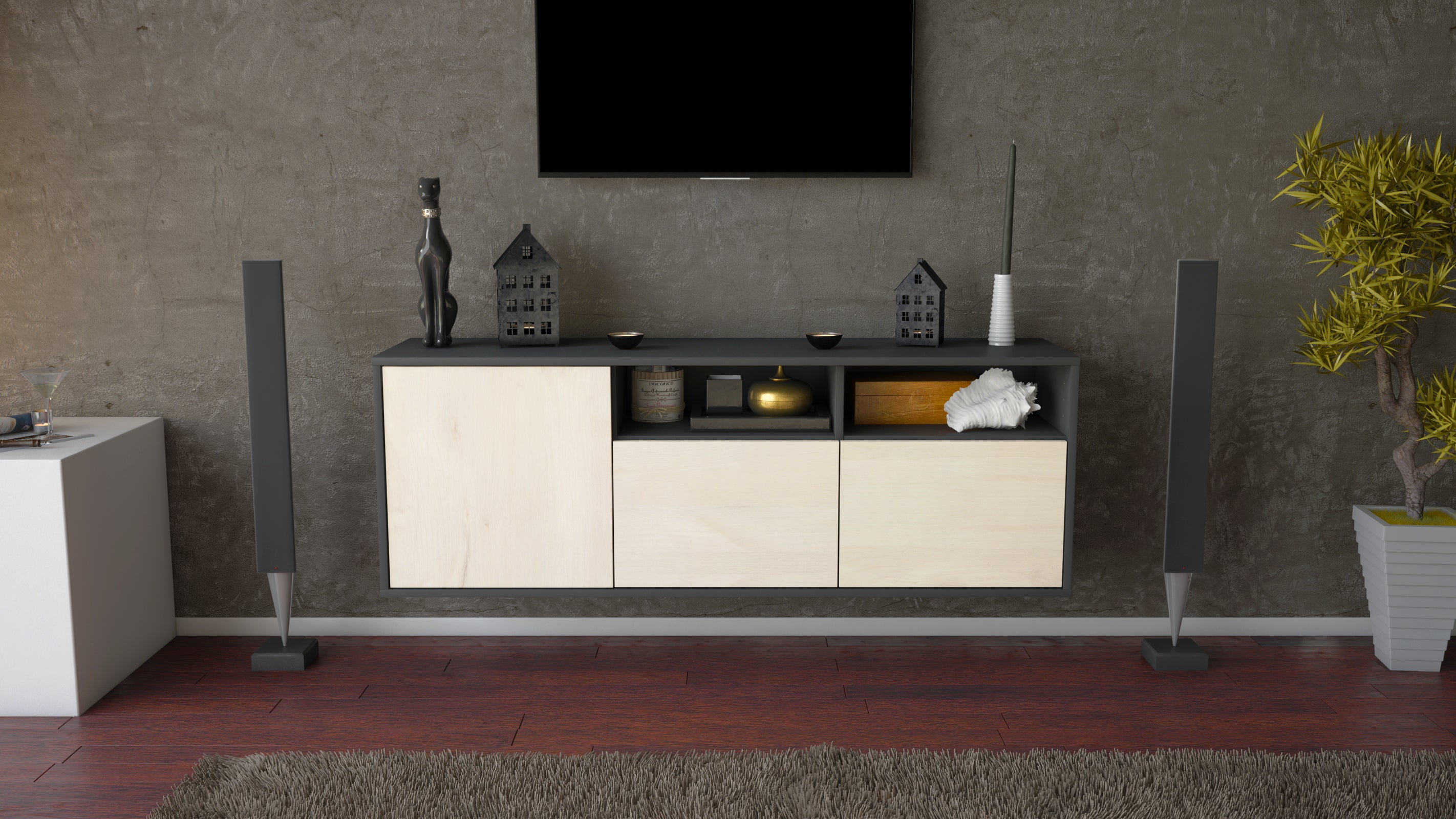 Lowboard - Anina - Design Holzdekor - Wandmontage mit Push to Open 136 cm Anthrazit