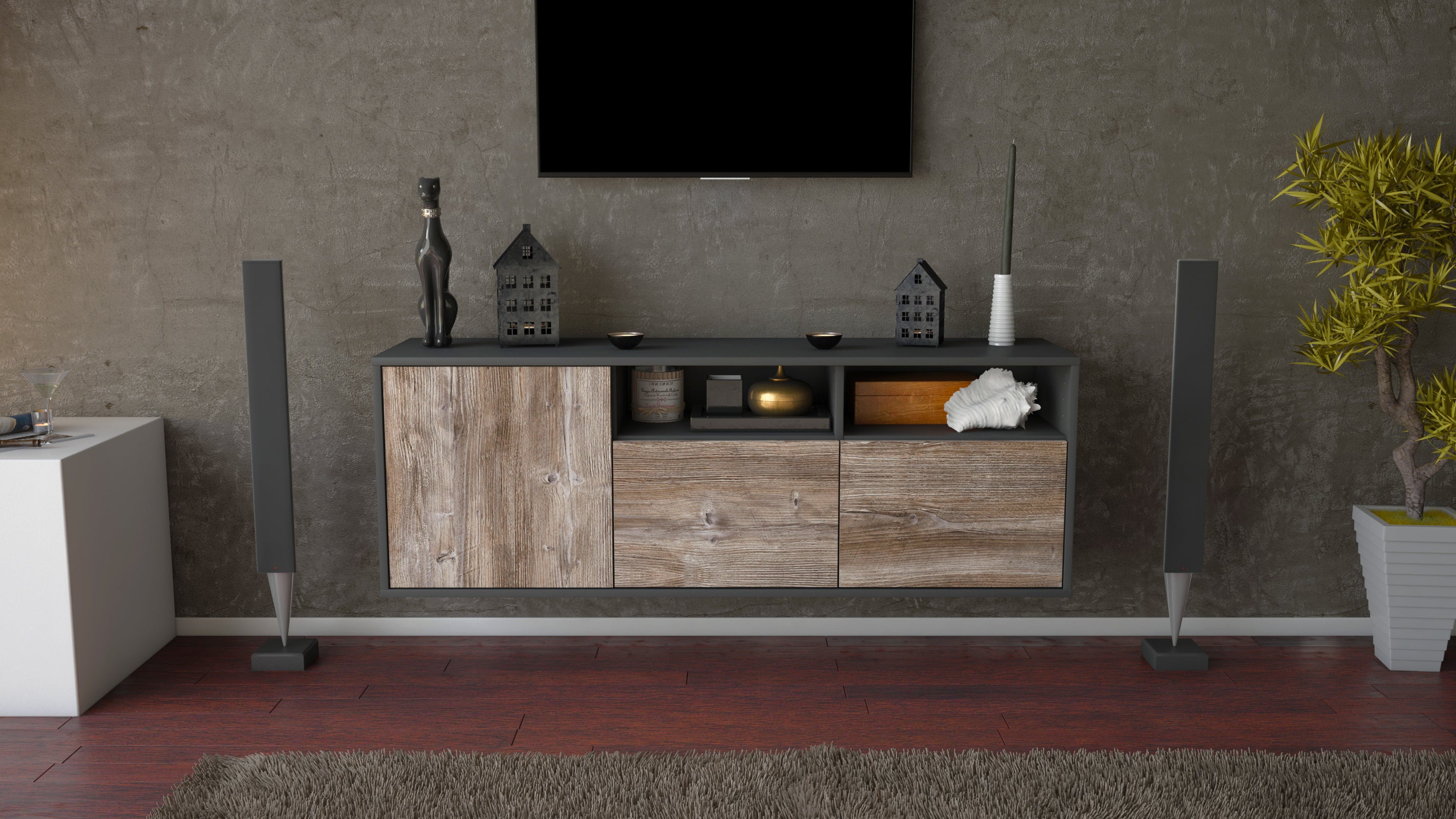 Lowboard - Anina - Design Holzdekor - Wandmontage mit Push to Open 136 cm Anthrazit