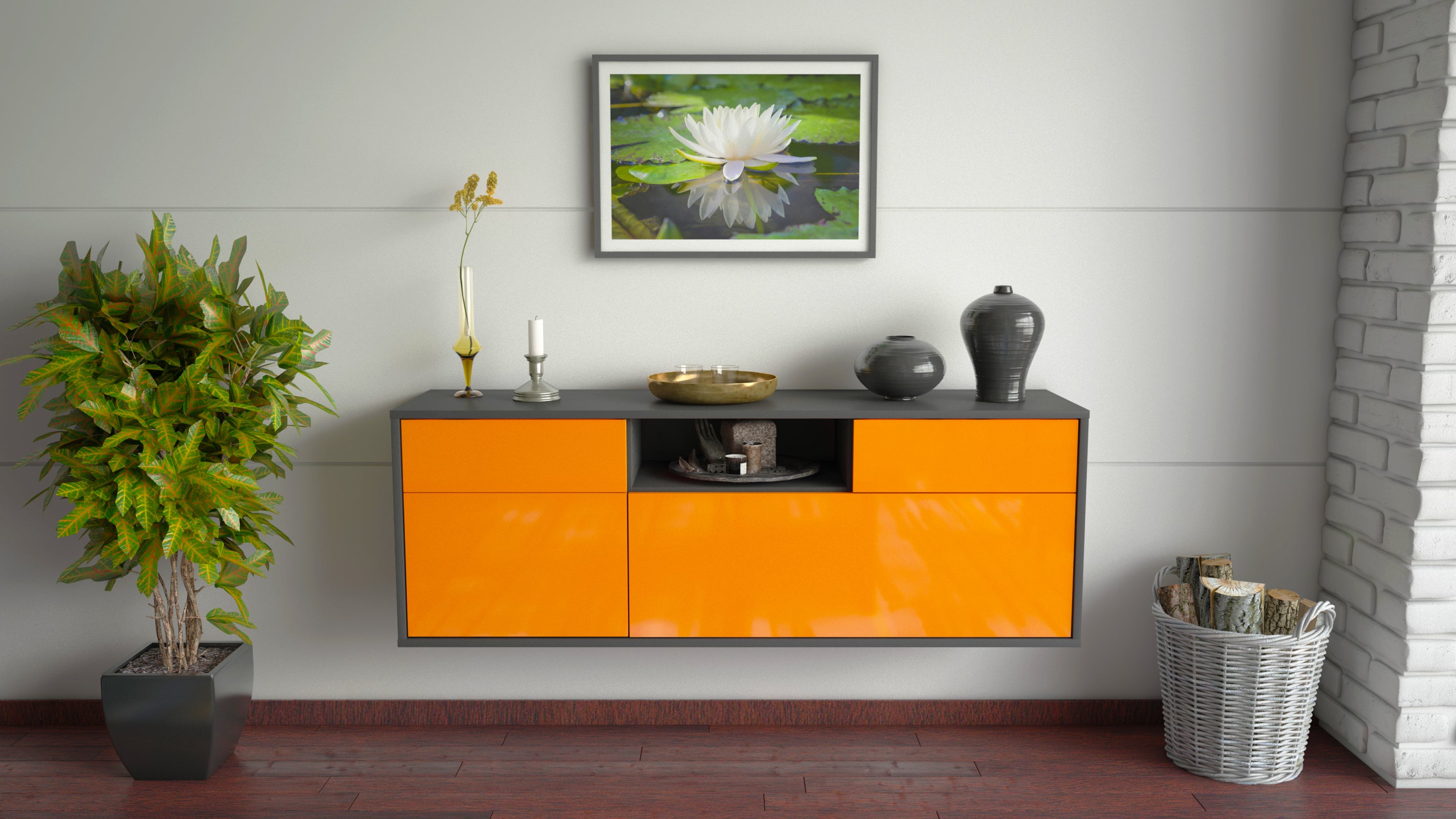 Lowboard - Anjelika - Design Hochglanz - Wandmontage mit Push to Open 136 cm Anthrazit