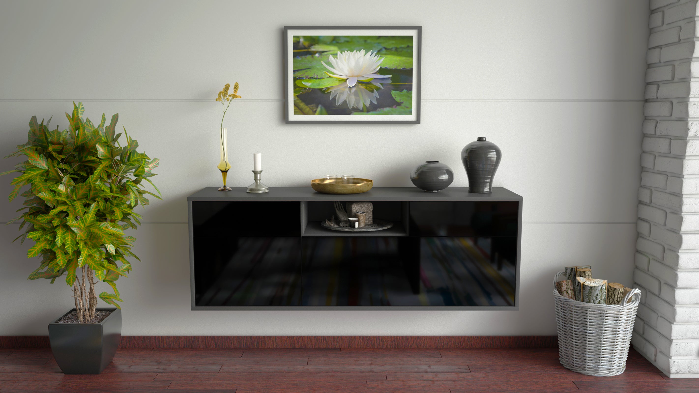 Lowboard - Anjelika - Design Hochglanz - Wandmontage mit Push to Open 136 cm Anthrazit