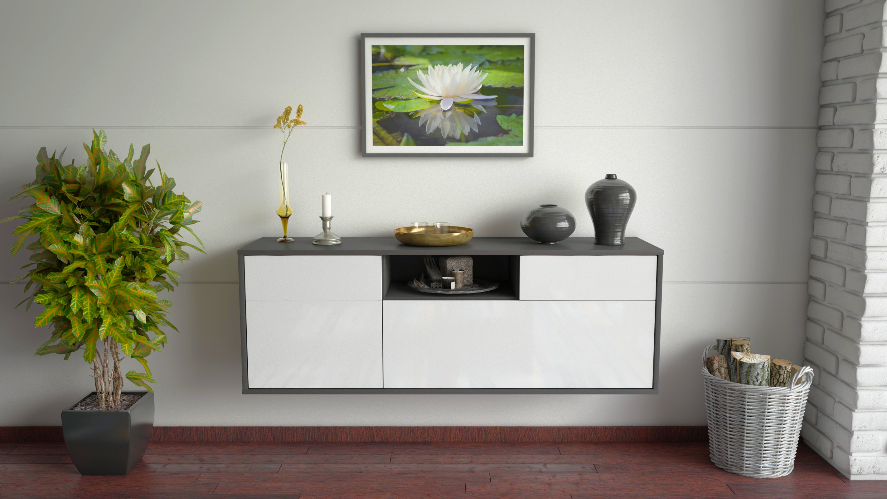 Lowboard - Anjelika - Design Hochglanz - Wandmontage mit Push to Open 136 cm Anthrazit
