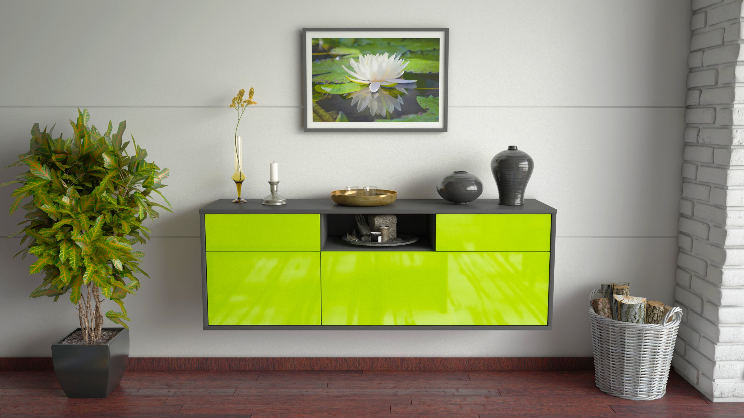 Lowboard - Anjelika - Design Hochglanz - Wandmontage mit Push to Open 136 cm Anthrazit