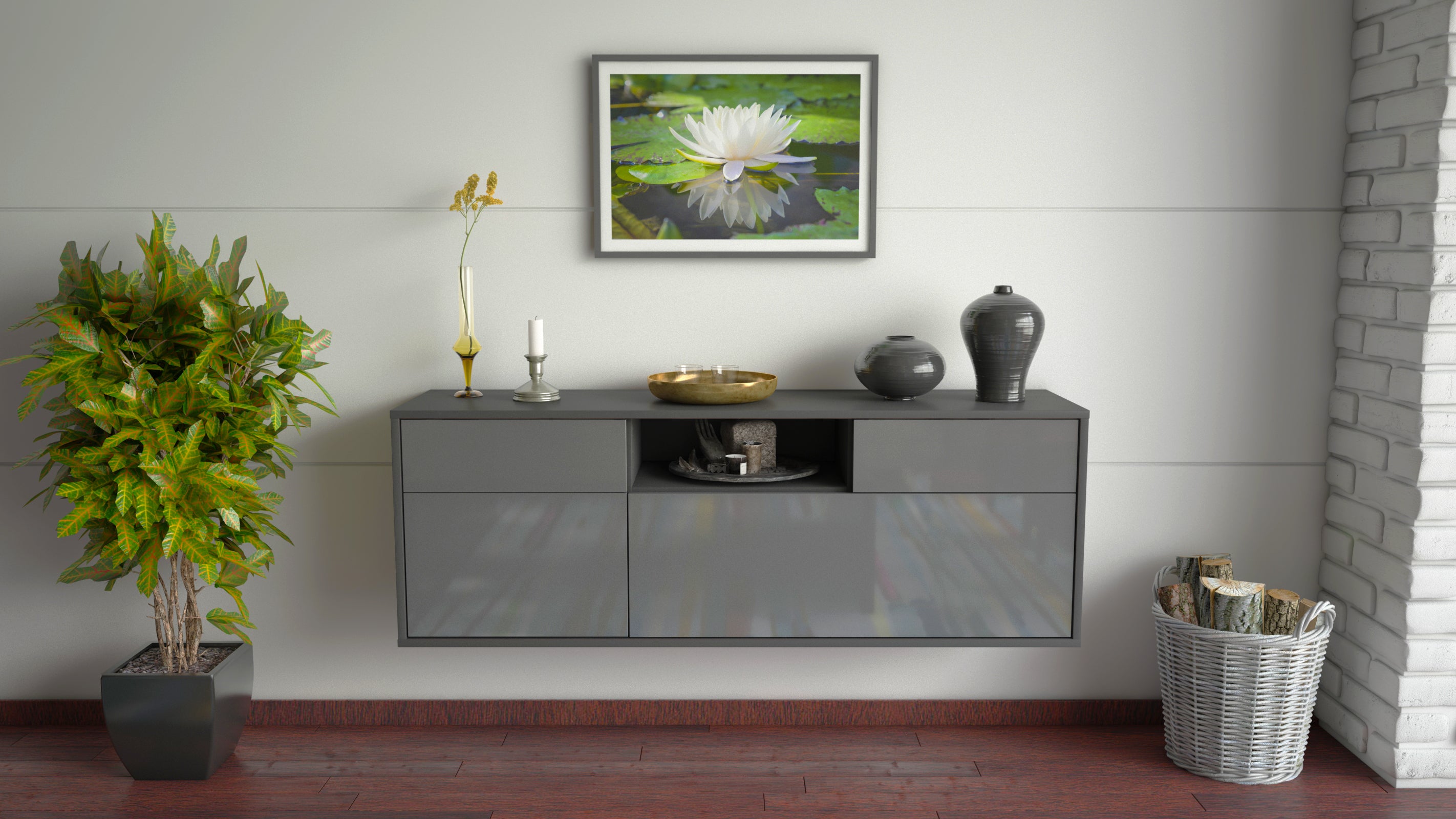 Lowboard - Anjelika - Design Hochglanz - Wandmontage mit Push to Open 136 cm Anthrazit