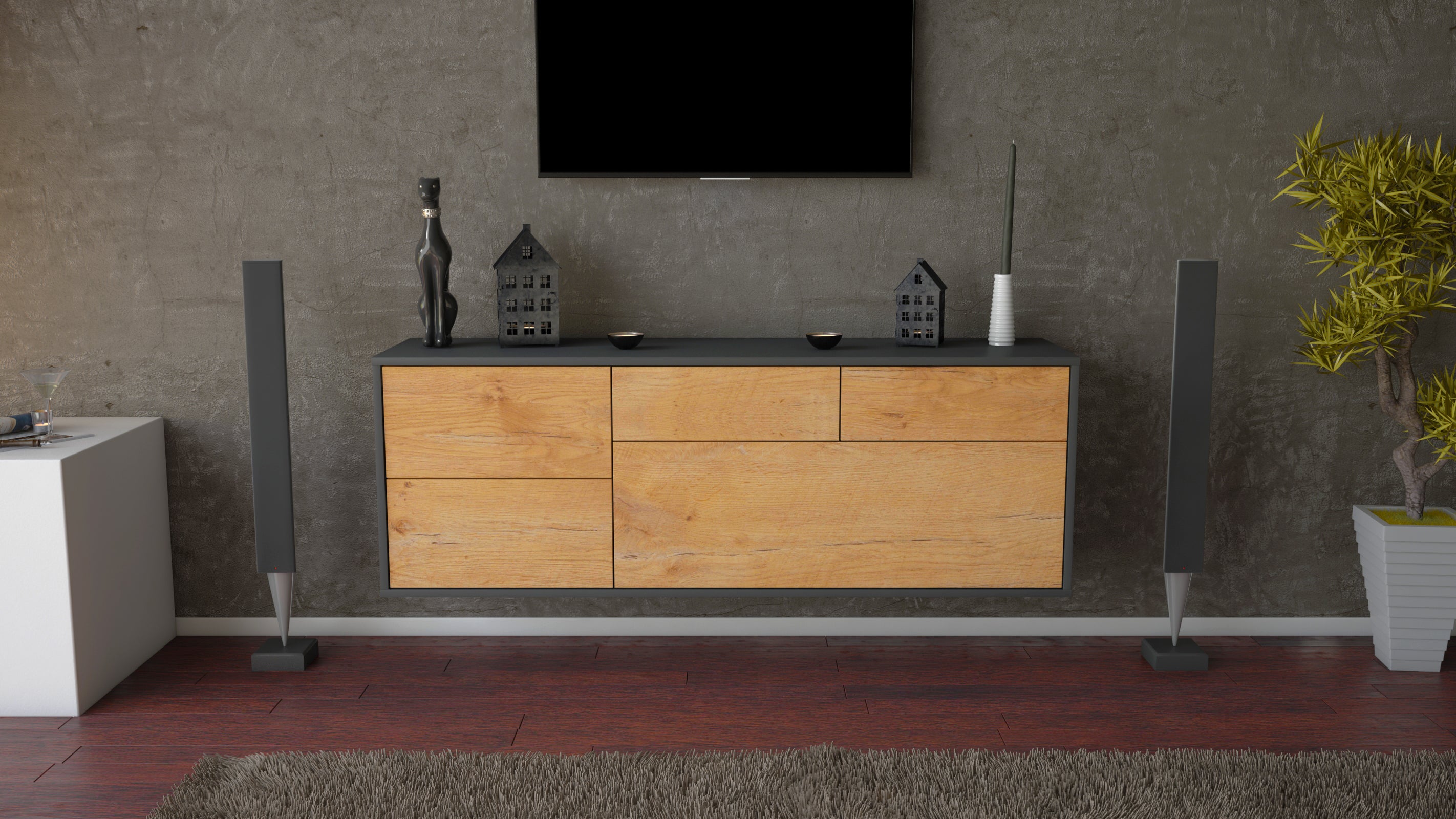 Lowboard - Annabell - Design Holzdekor - Wandmontage mit Push to Open 136 cm Anthrazit
