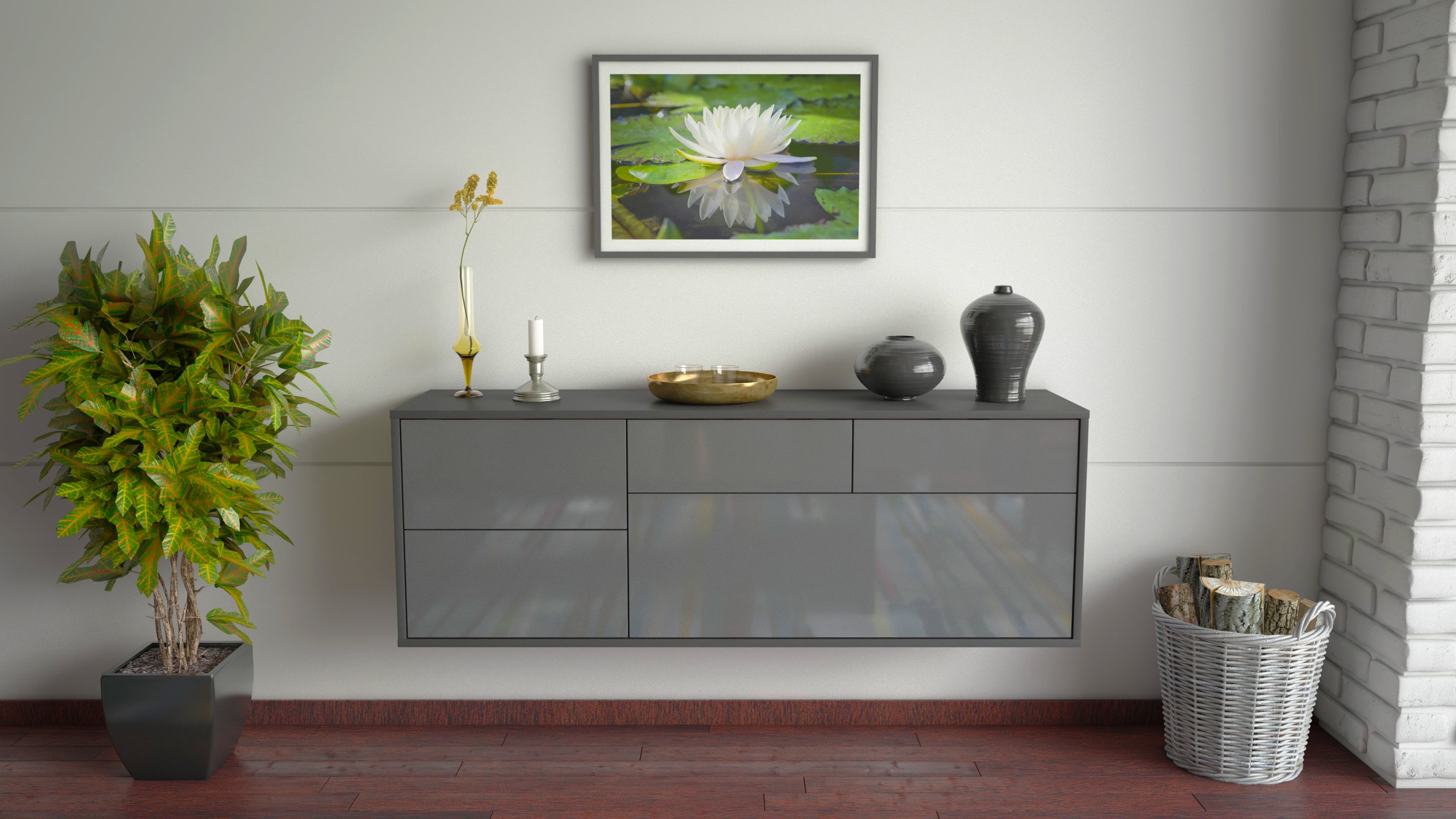Lowboard - Annabell - Design Hochglanz - Wandmontage mit Push to Open 136 cm Anthrazit