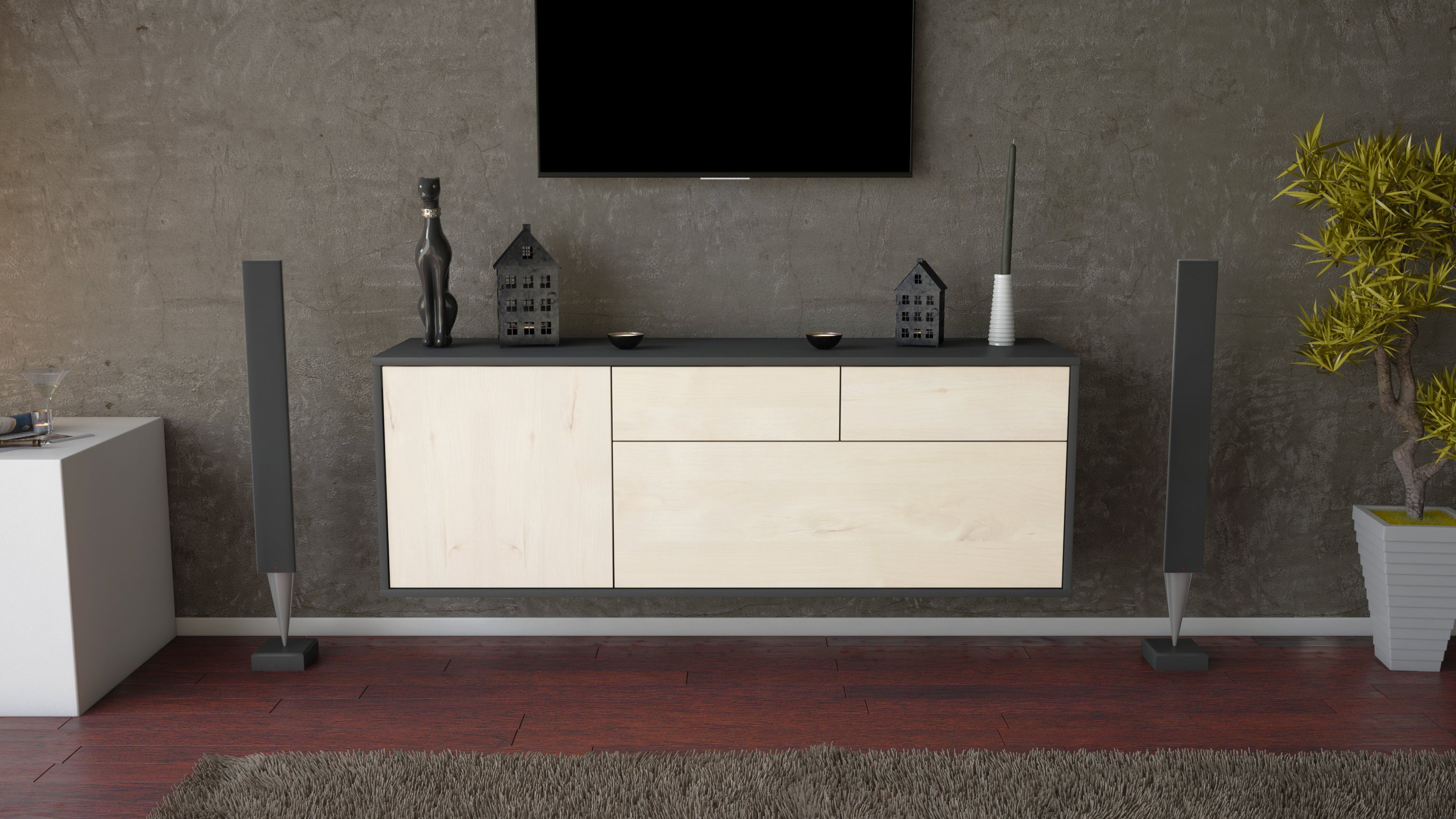 Lowboard - Annalena - Design Holzdekor - Wandmontage mit Push to Open 136 cm Anthrazit