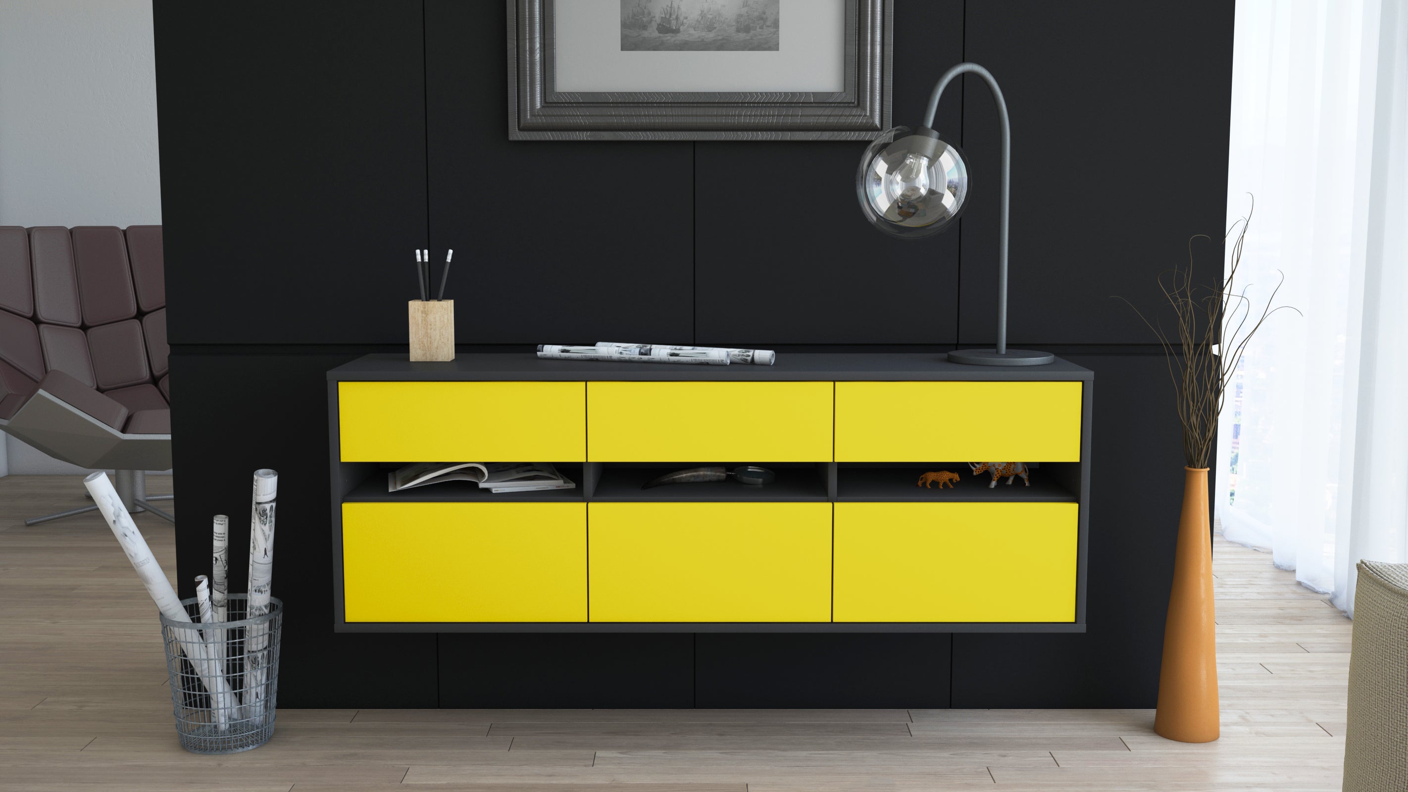 Lowboard - Annalisa - Design Farbakzent - Wandmontage mit Push to Open 136 cm Anthrazit
