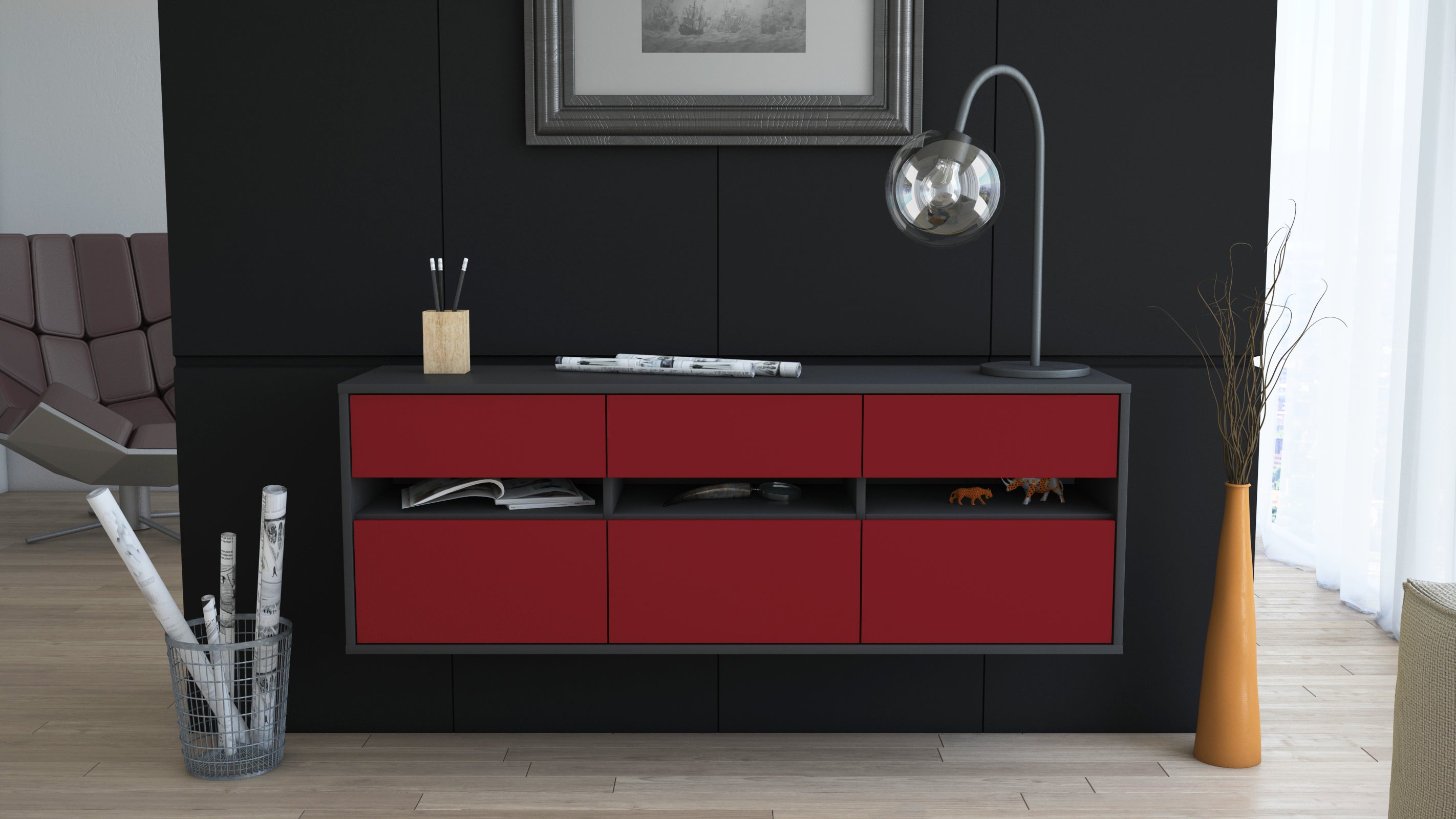 Lowboard - Annalisa - Design Farbakzent - Wandmontage mit Push to Open 136 cm Anthrazit