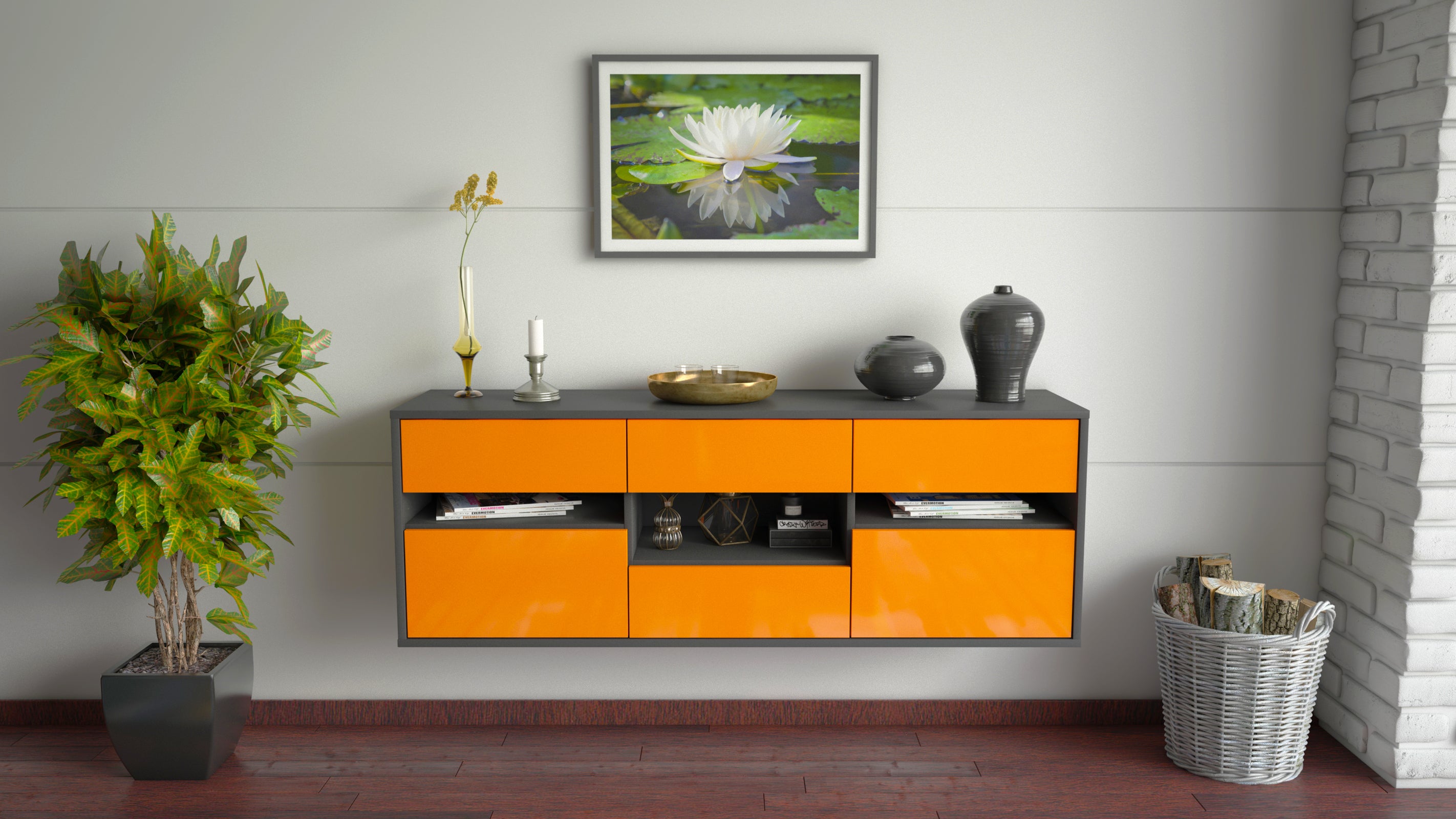 Lowboard - Anni - Design Hochglanz - Wandmontage mit Push to Open 136 cm Anthrazit