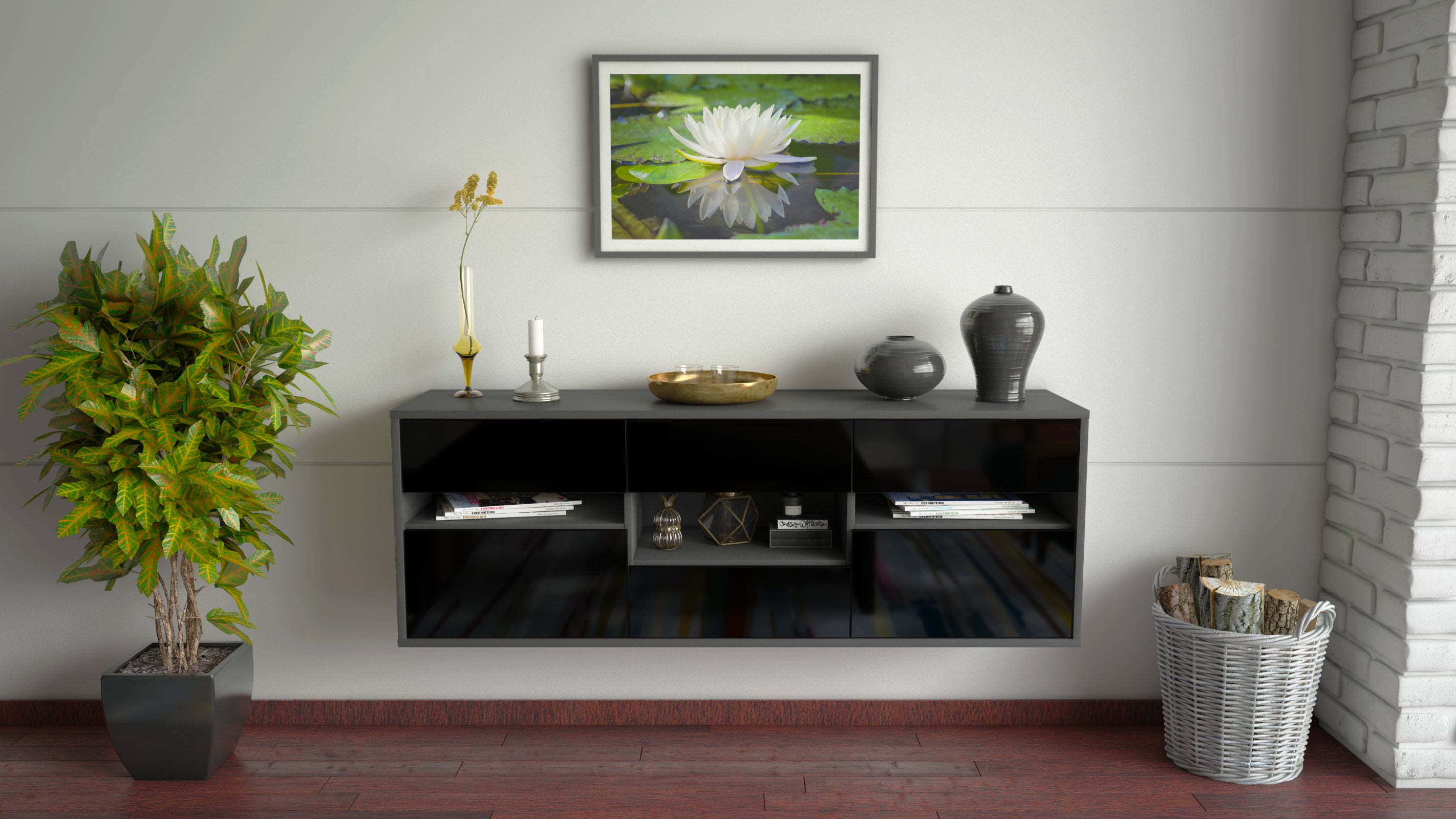 Lowboard - Anni - Design Hochglanz - Wandmontage mit Push to Open 136 cm Anthrazit