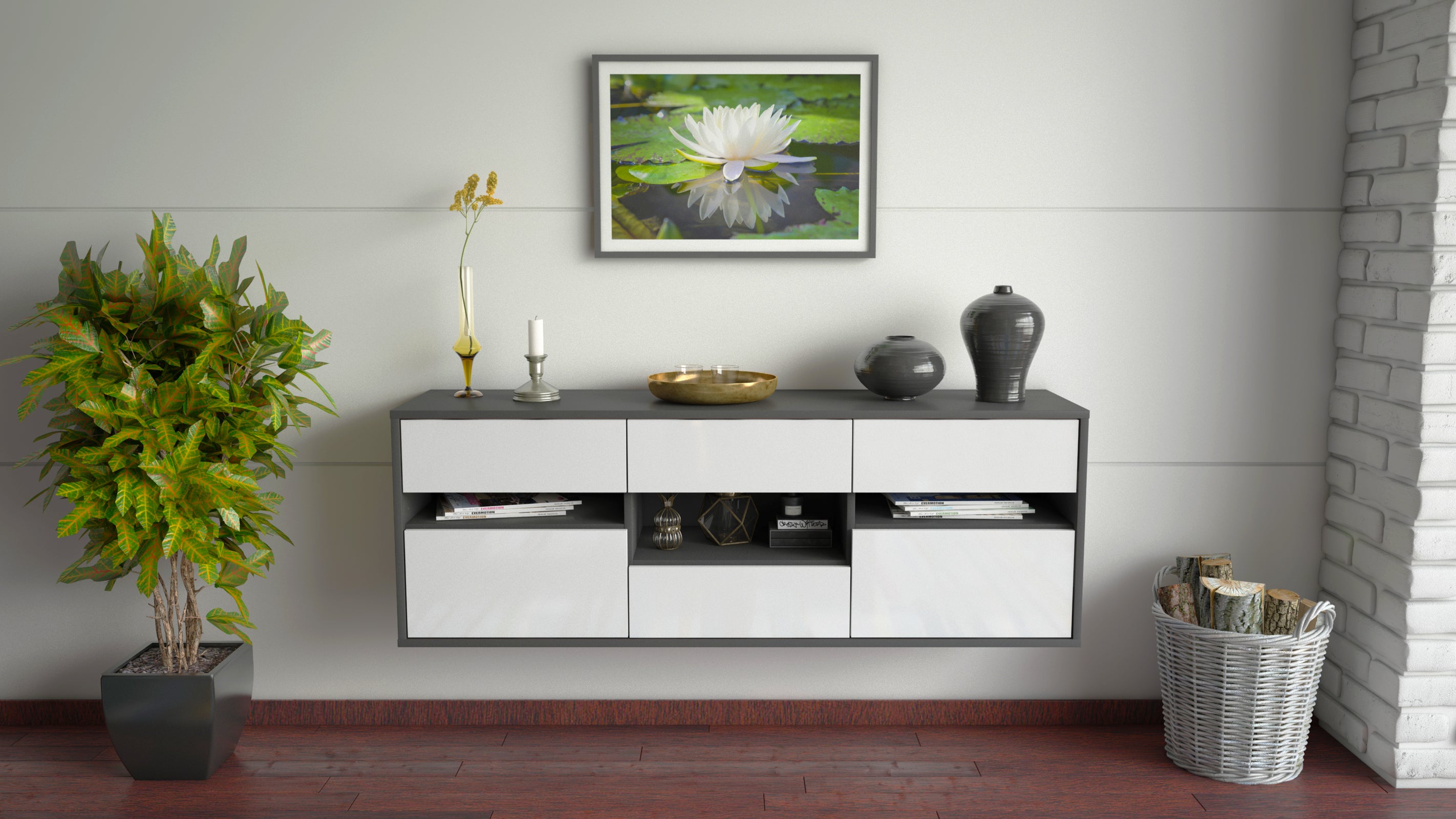 Lowboard - Anni - Design Hochglanz - Wandmontage mit Push to Open 136 cm Anthrazit