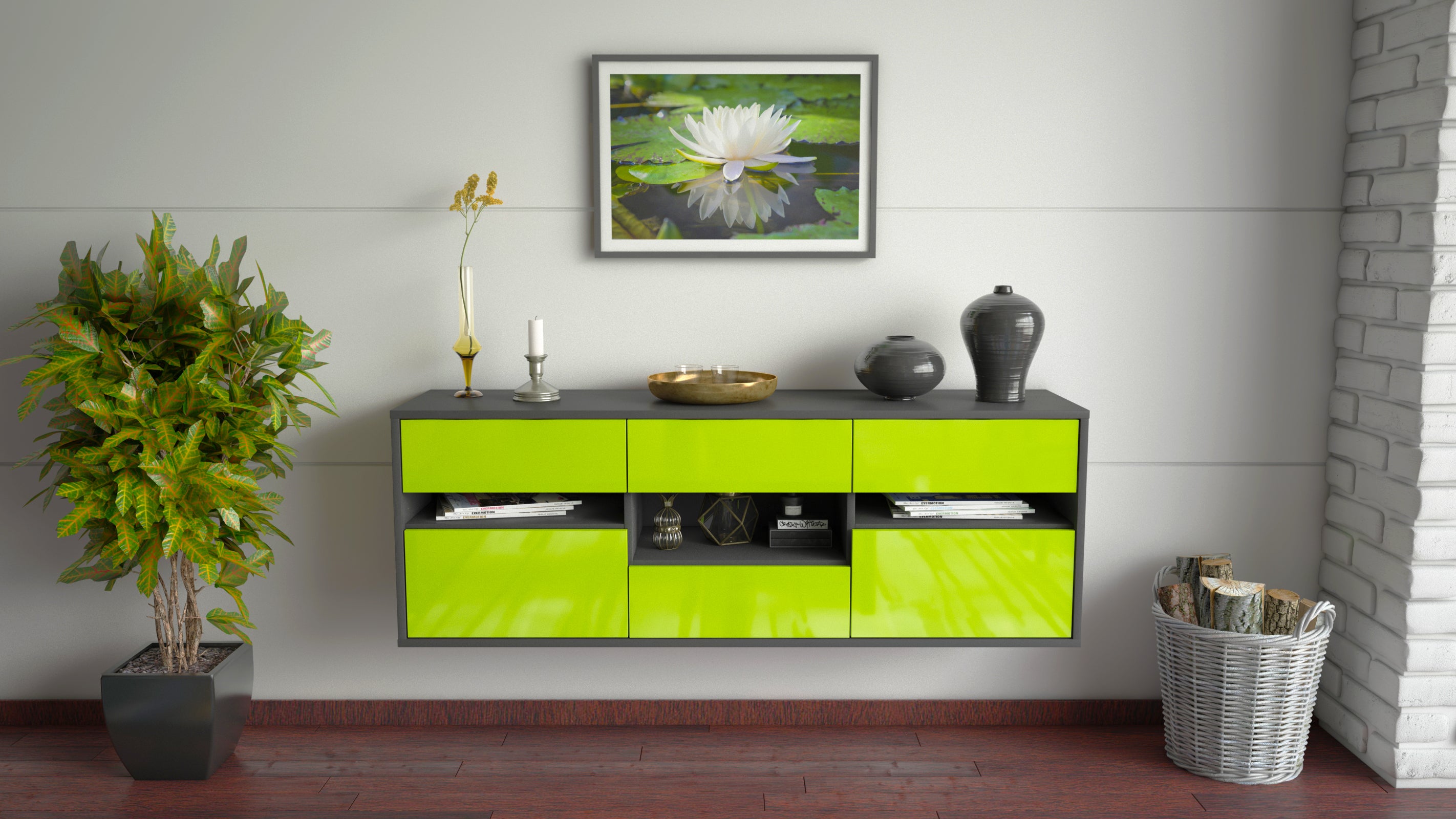 Lowboard - Anni - Design Hochglanz - Wandmontage mit Push to Open 136 cm Anthrazit