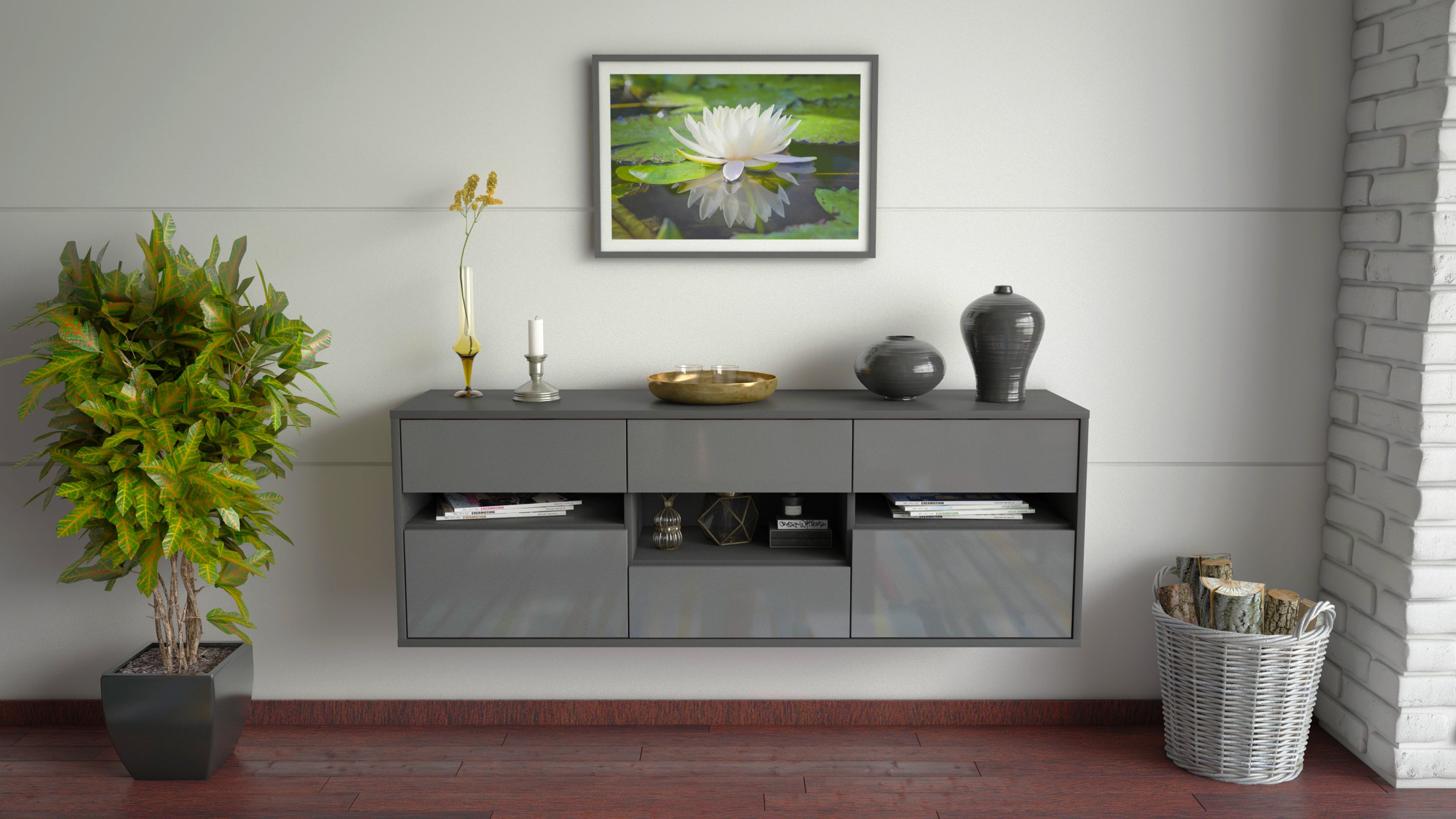 Lowboard - Anni - Design Hochglanz - Wandmontage mit Push to Open 136 cm Anthrazit