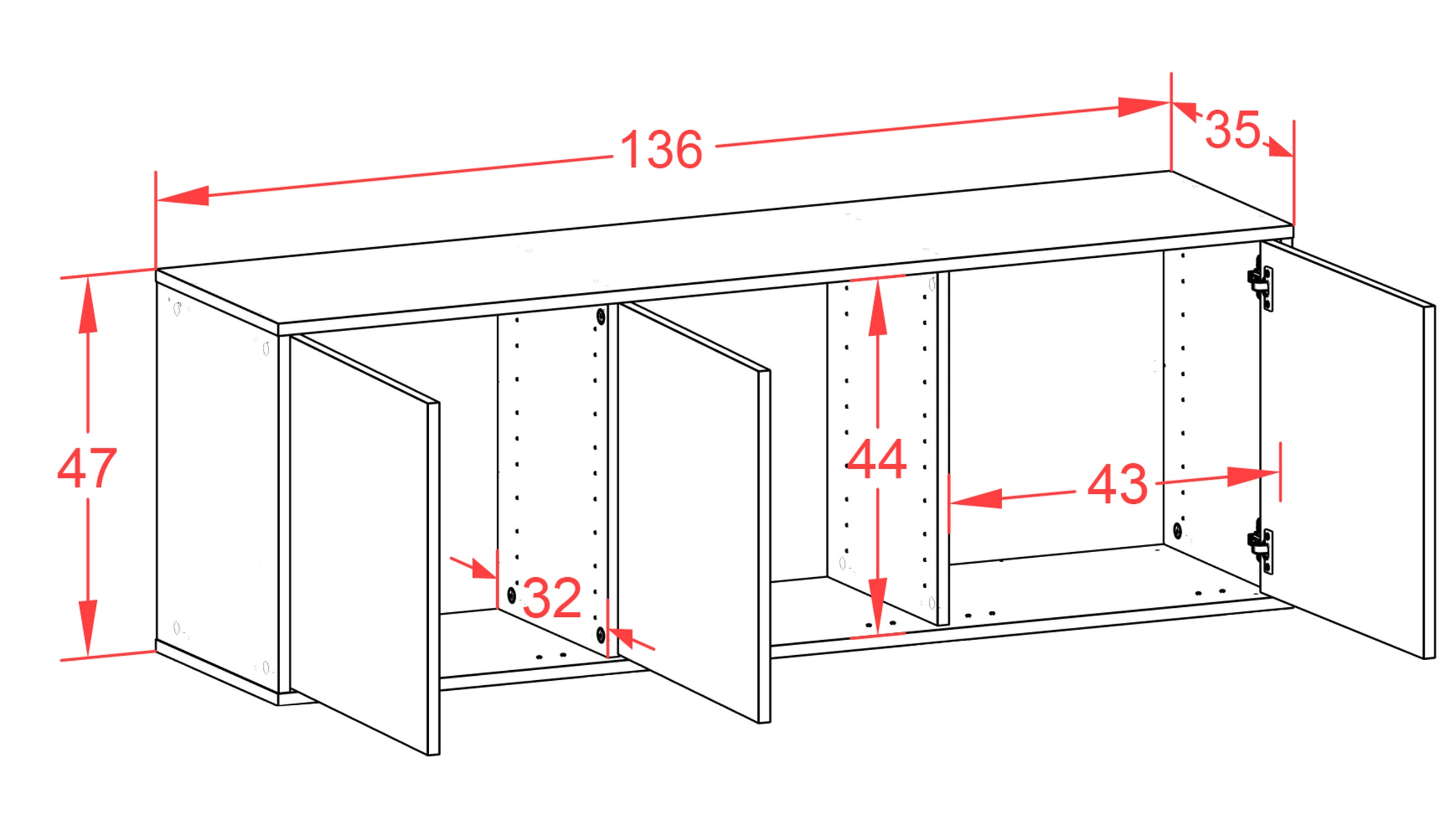 Lowboard - Allegra - Design Hochglanz - Wandmontage mit Push to Open 136 cm Weiss