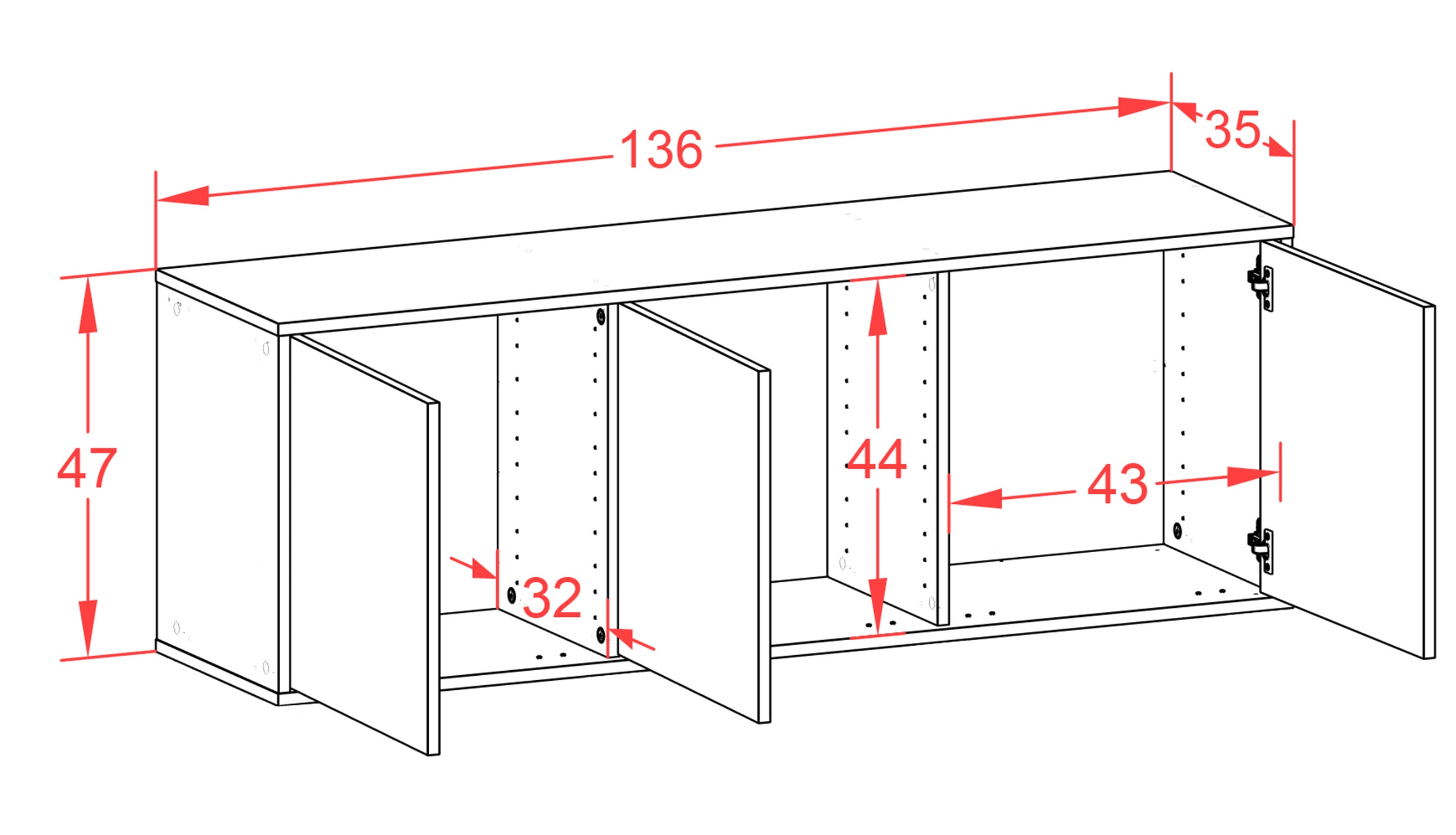 Lowboard - Allegra - Design Hochglanz - Wandmontage mit Push to Open 136 cm Anthrazit