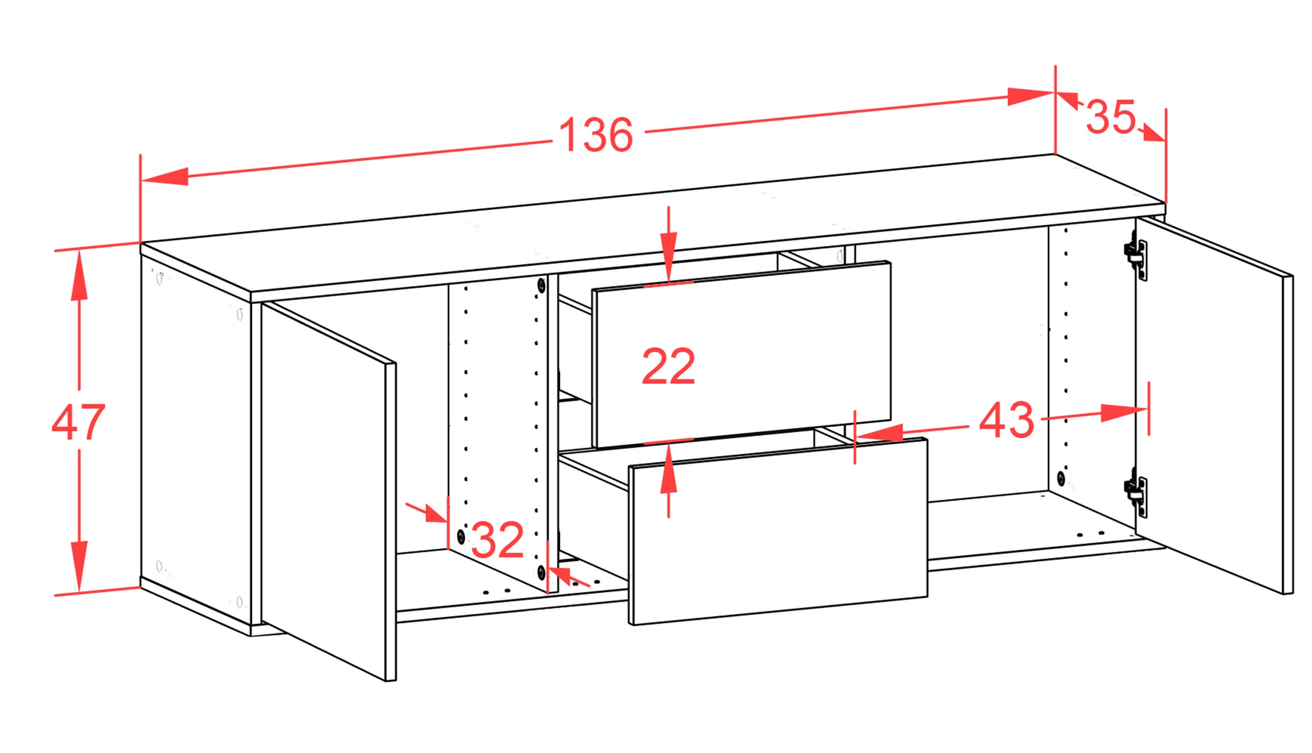 Lowboard - Alma - Design Farbakzent - Wandmontage mit Push to Open 136 cm Anthrazit