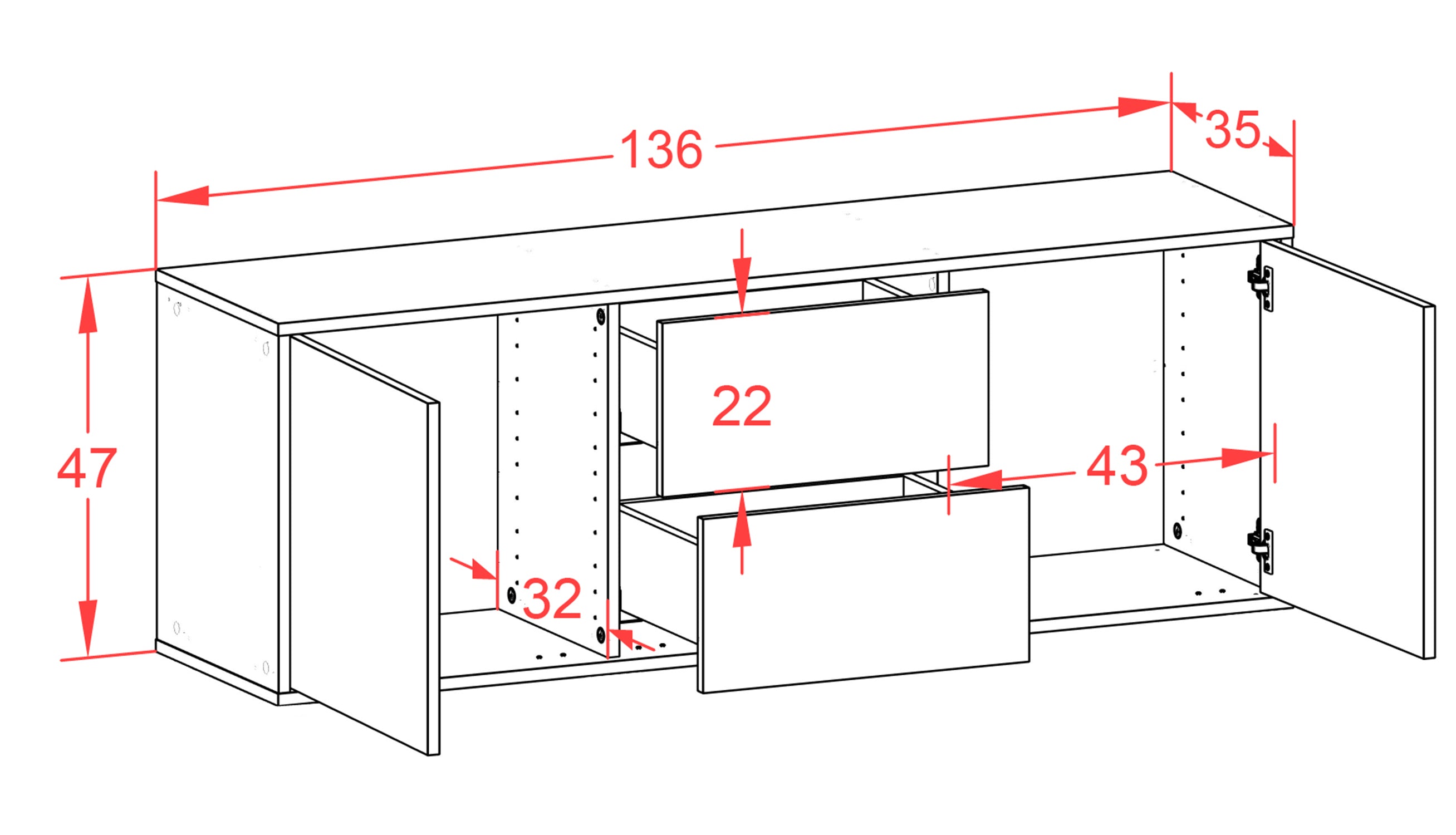 Lowboard - Alma - Design Industrie Stil - Wandmontage mit Push to Open 136 cm Anthrazit