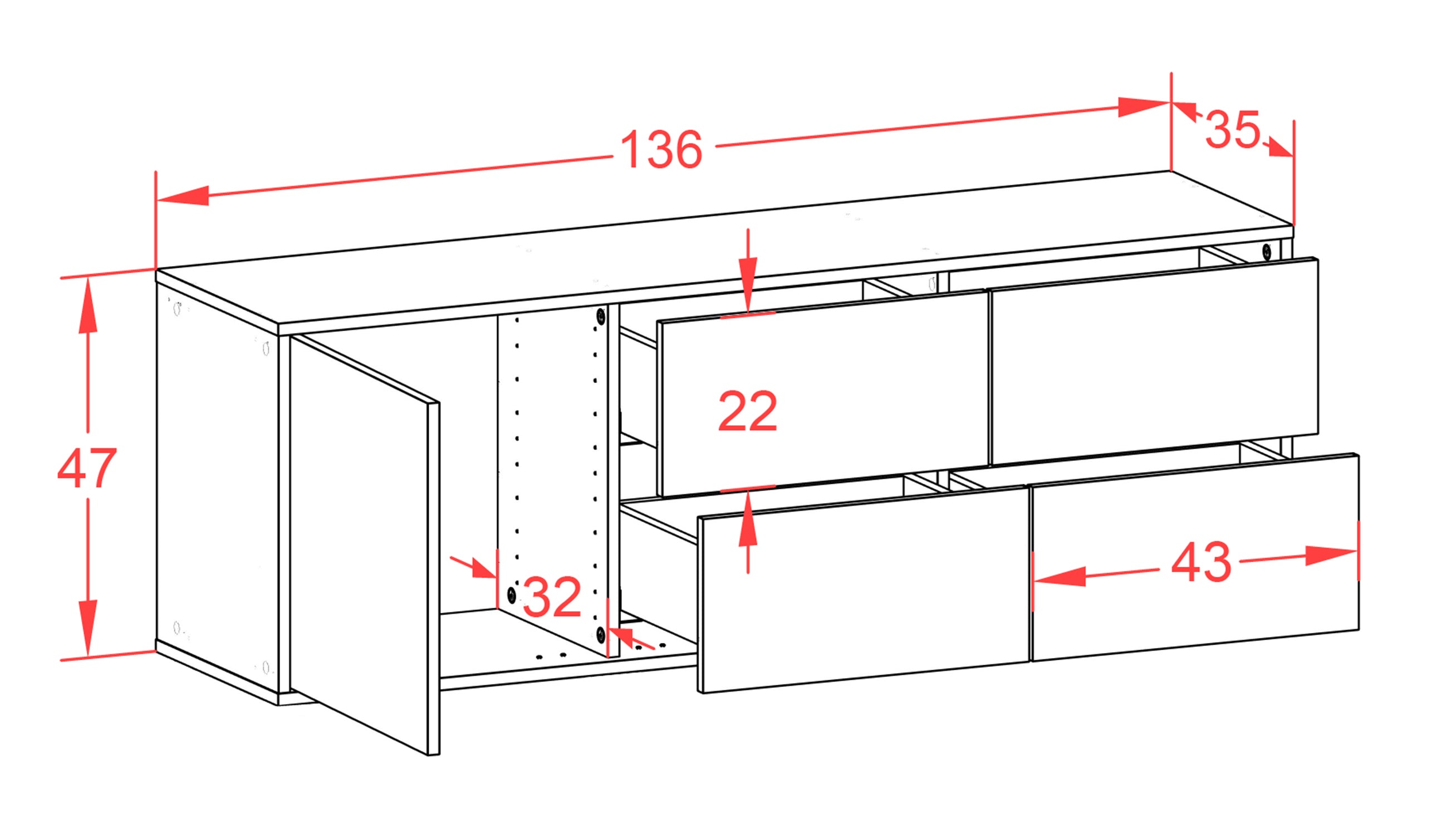 Lowboard - Aloisia - Design Farbakzent - Wandmontage mit Push to Open 136 cm Weiss