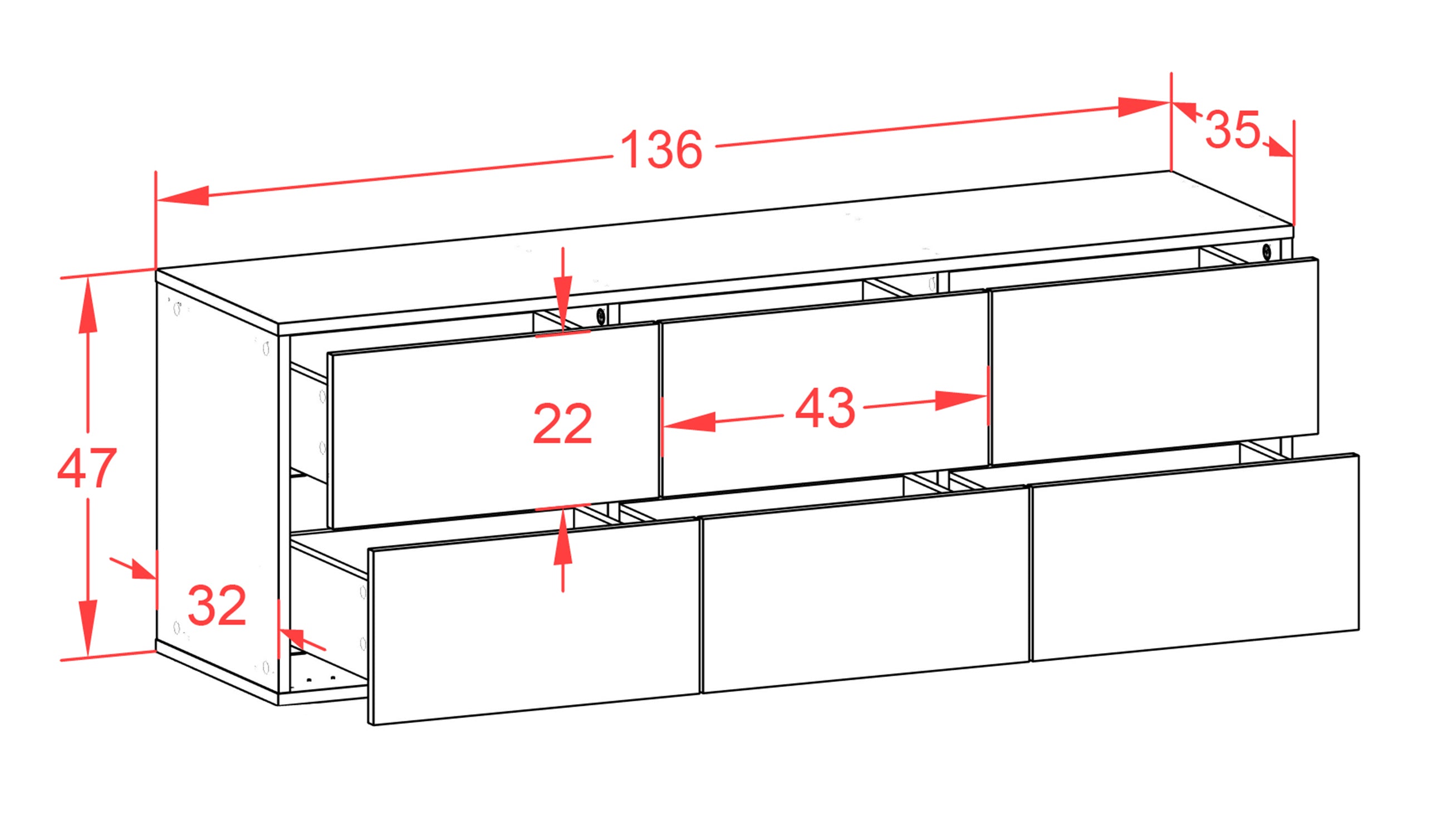 Lowboard - Alva - Design Holzdekor - Wandmontage mit Push to Open 136 cm Weiss