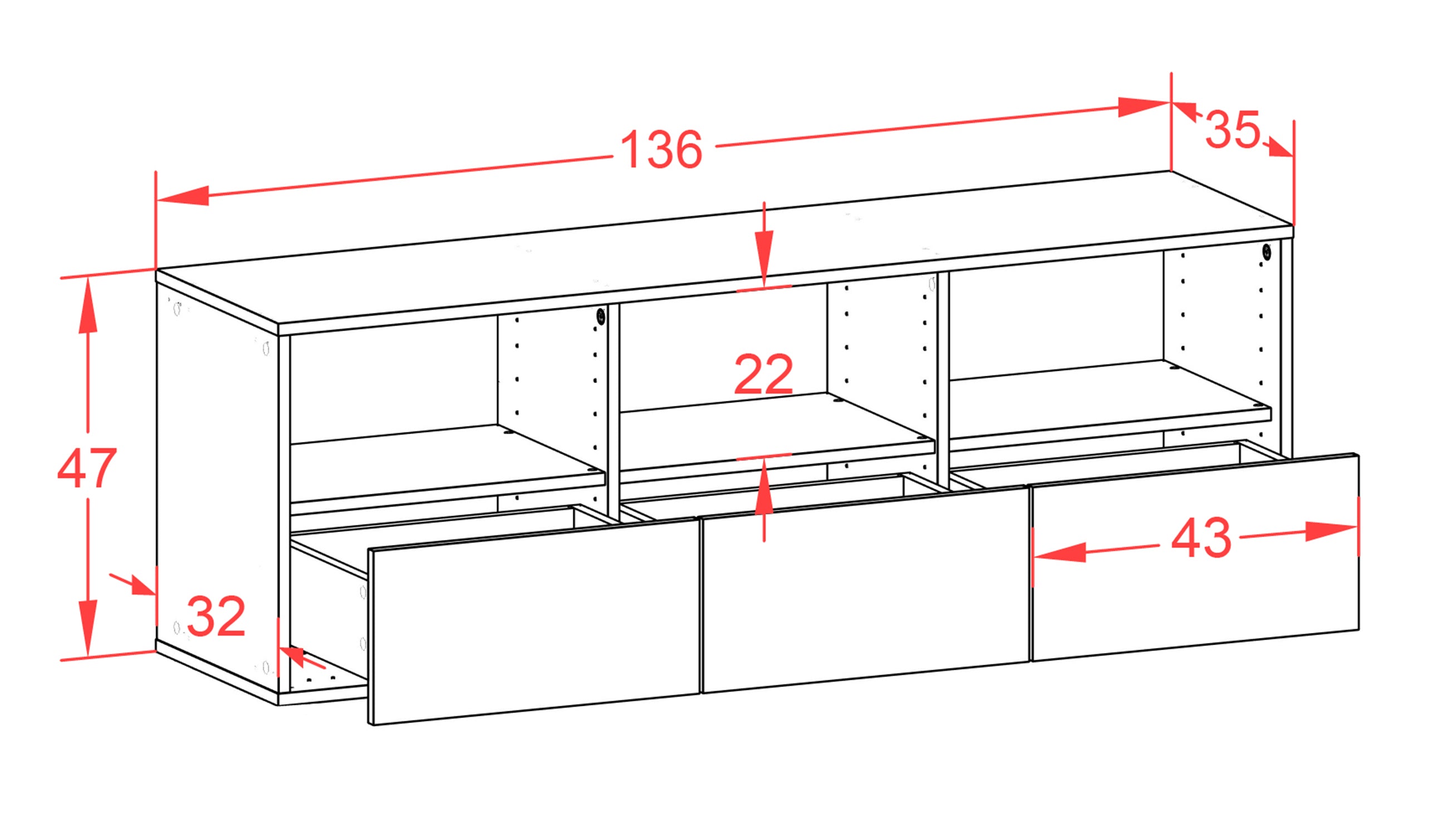 Lowboard - Amalia - Design Hochglanz - Wandmontage mit Push to Open 136 cm Weiss