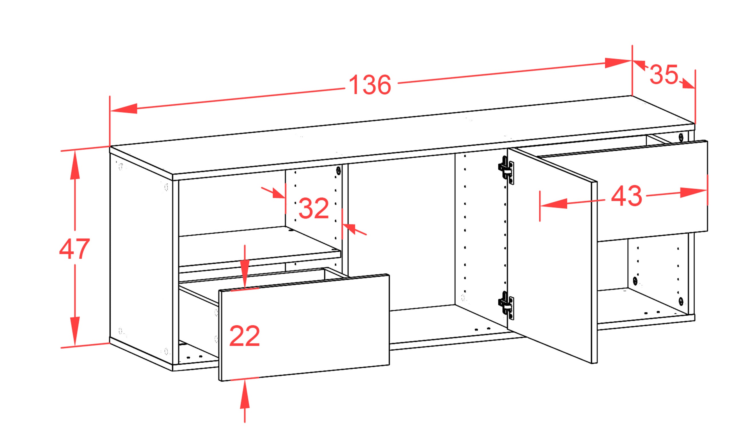 Lowboard - Ambra - Design Hochglanz - Wandmontage mit Push to Open 136 cm Anthrazit