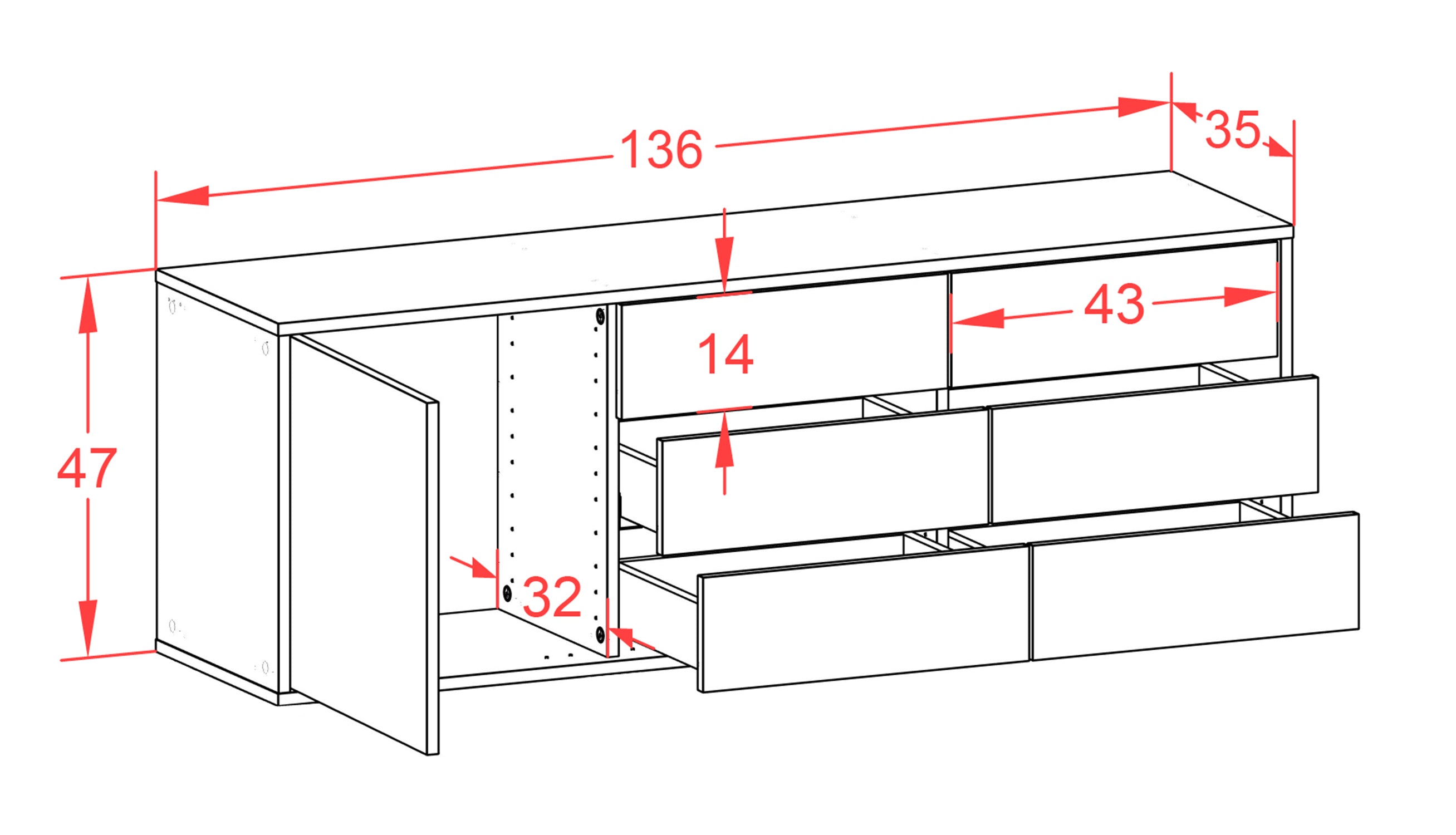 Lowboard - Amedea - Design Holzdekor - Wandmontage mit Push to Open 136 cm Weiss