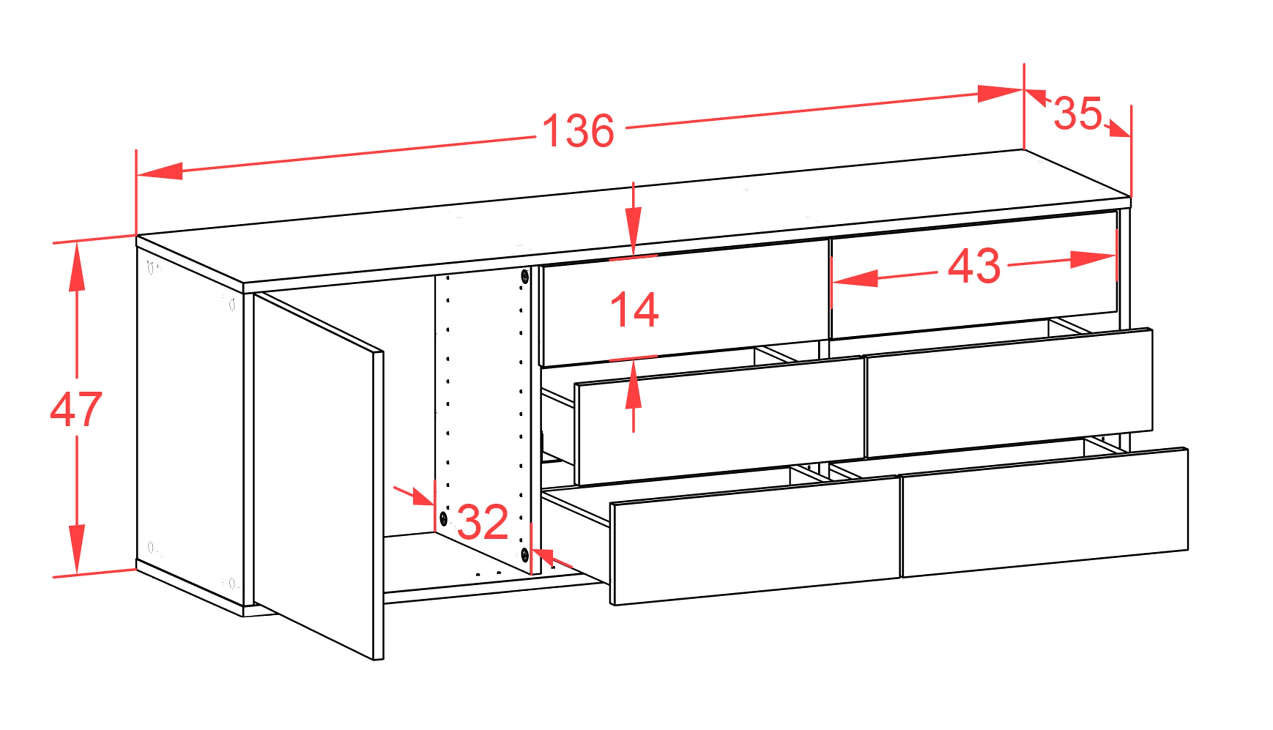 Lowboard - Amedea - Design Farbakzent - Wandmontage mit Push to Open 136 cm Weiss