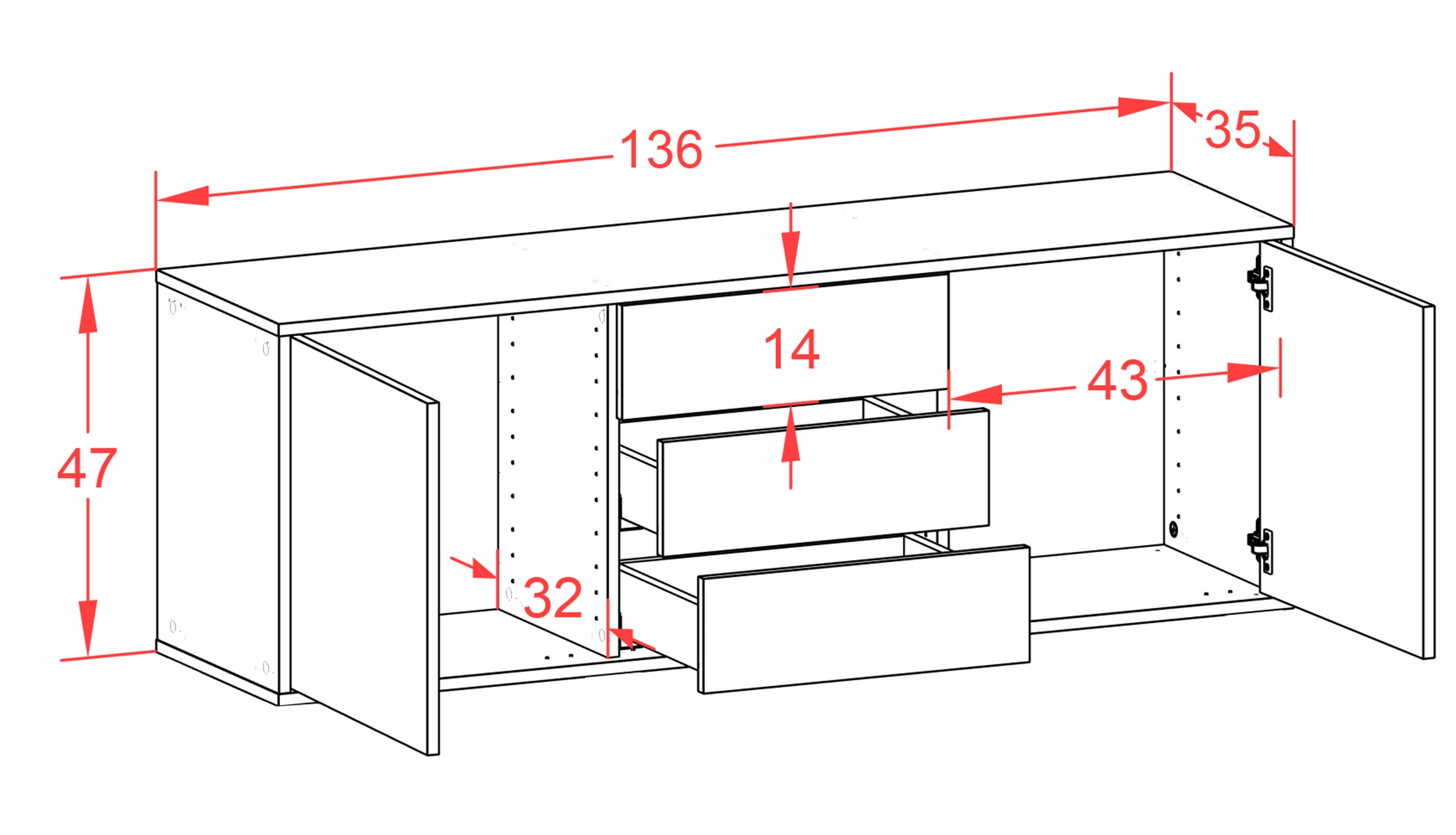 Lowboard - Ameline - Design Farbakzent - Wandmontage mit Push to Open 136 cm Anthrazit