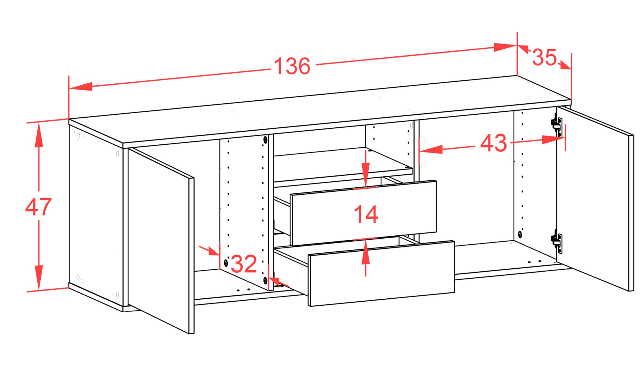 Lowboard - Ameriga - Design Industrie Stil - Wandmontage mit Push to Open 136 cm Weiss