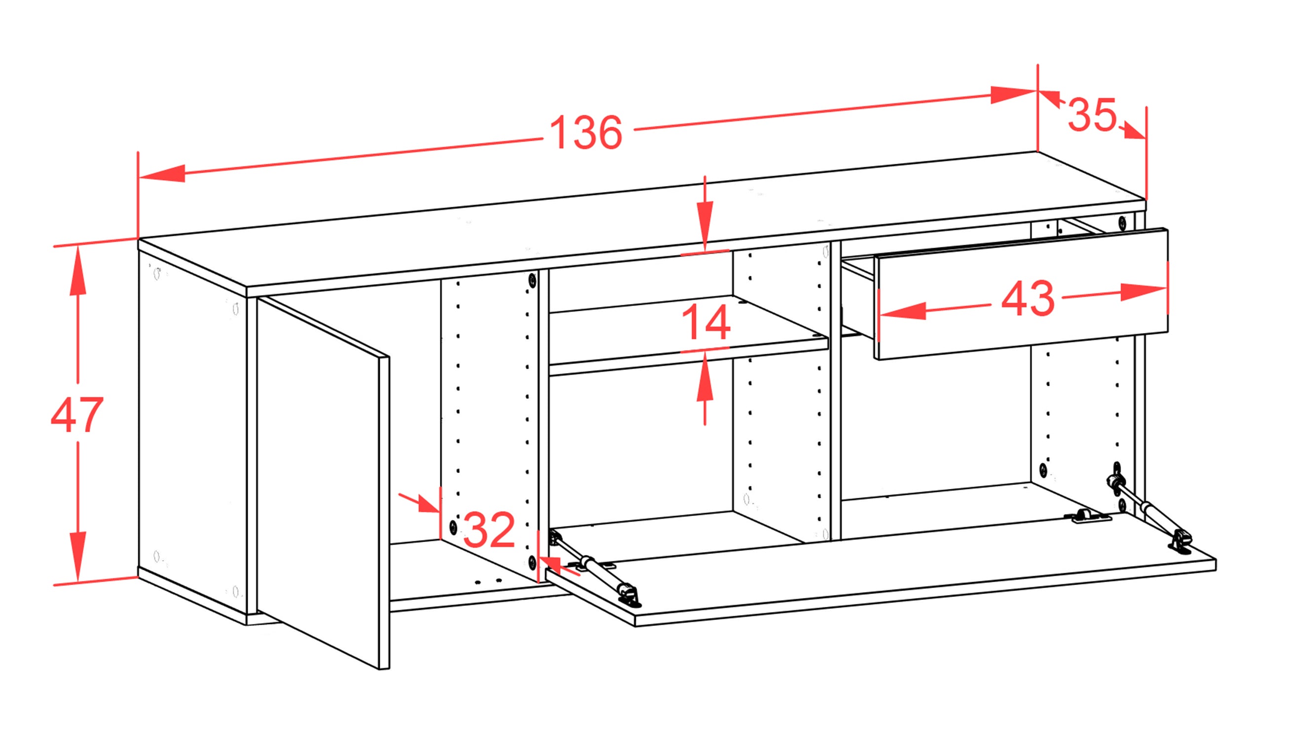 Lowboard - Amila - Design Hochglanz - Wandmontage mit Push to Open 136 cm Weiss