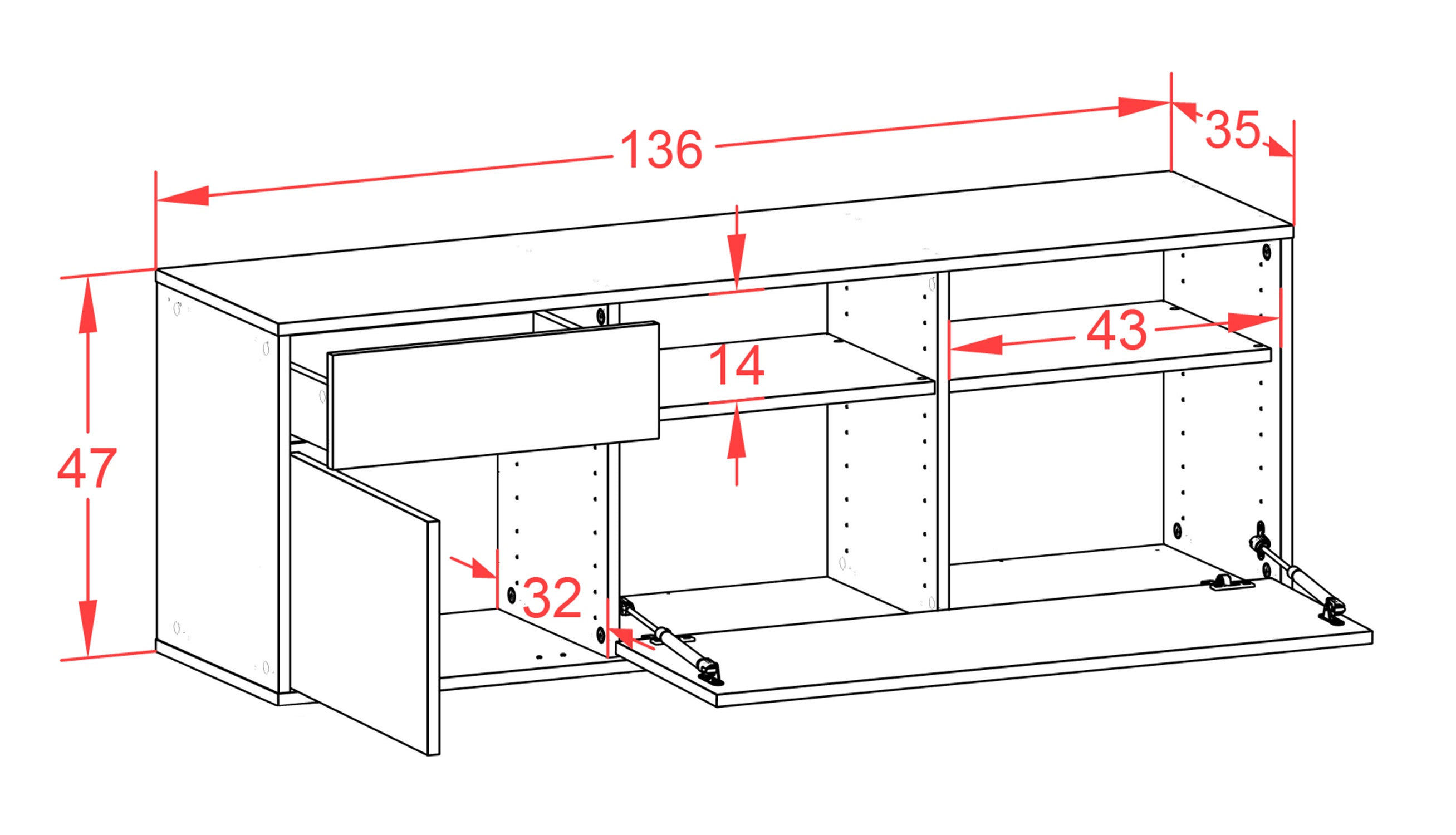 Lowboard - Amisa - Design Industrie Stil - Wandmontage mit Push to Open 136 cm Weiss