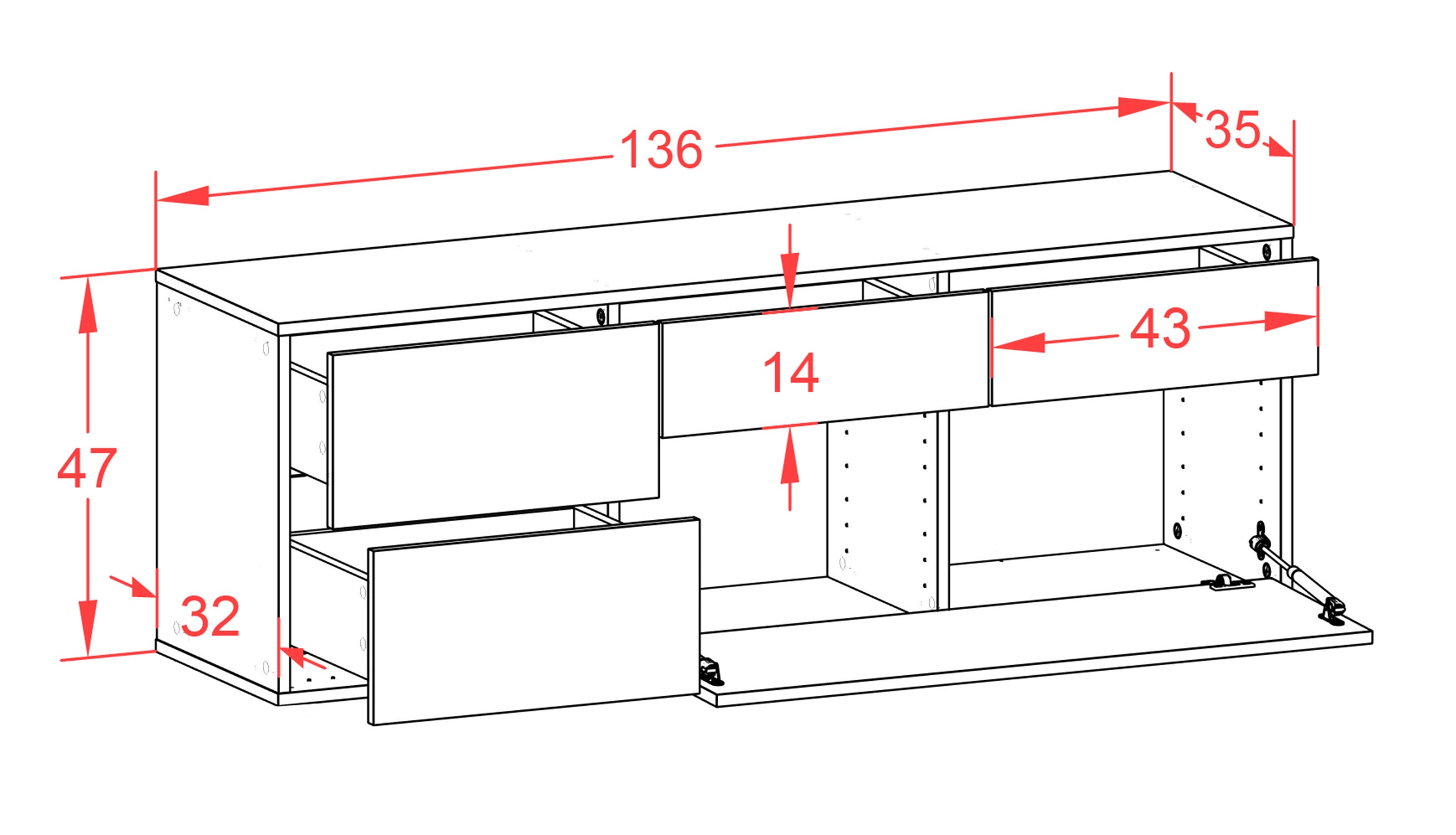 Lowboard - Anais - Design Hochglanz - Wandmontage mit Push to Open 136 cm Weiss