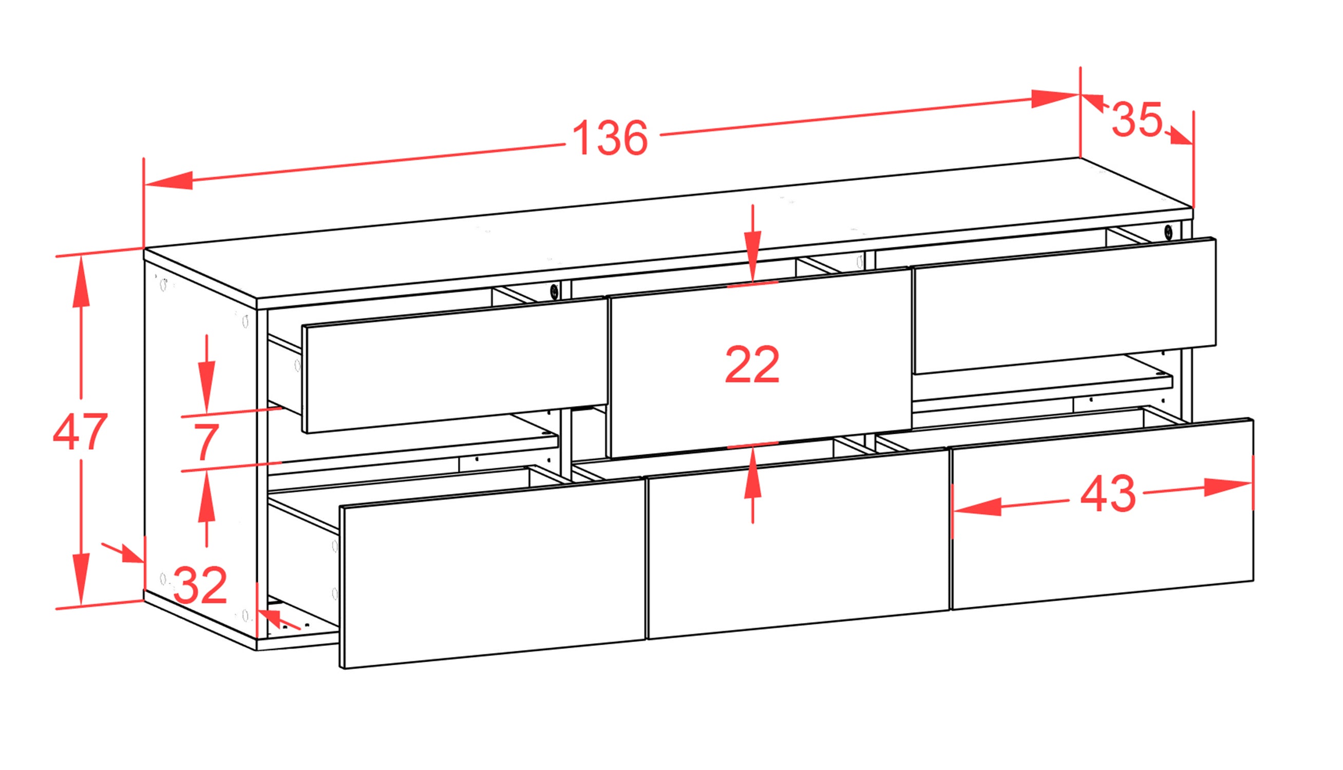 Lowboard - Andrea - Design Farbakzent - Wandmontage mit Push to Open 136 cm Anthrazit