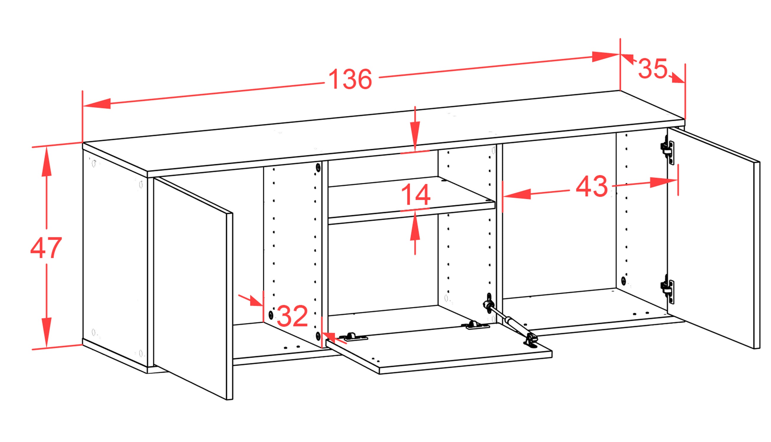 Lowboard - Andreana - Design Industrie Stil - Wandmontage mit Push to Open 136 cm Weiss